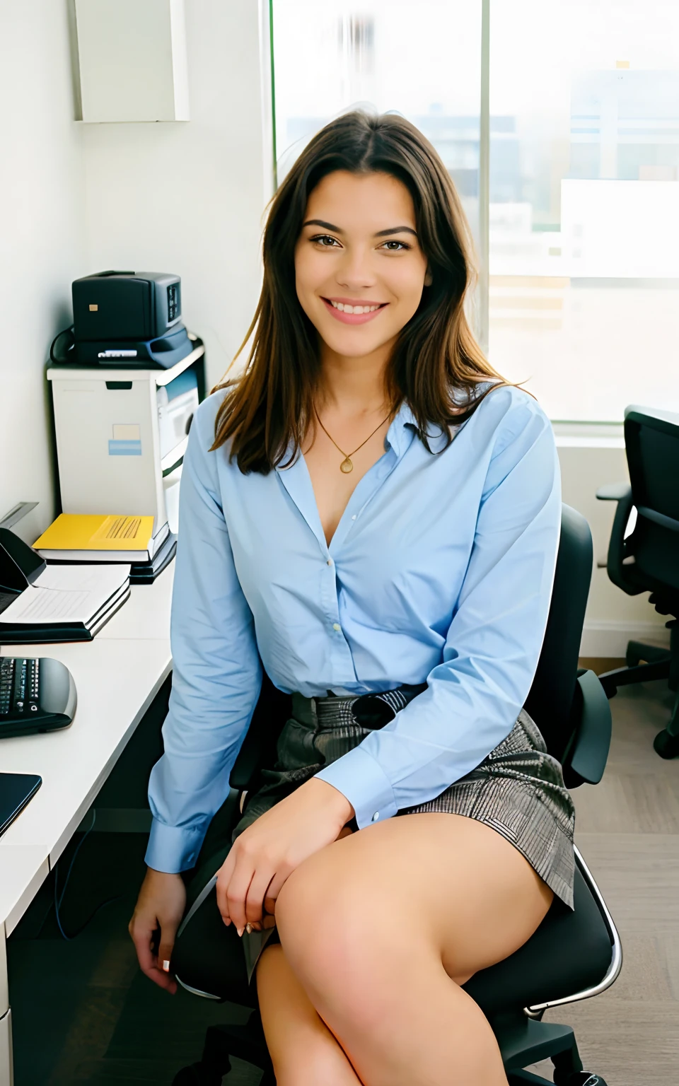 Kodak disposable camera photo of a beautiful female, smiling suggestively, sitting in an office