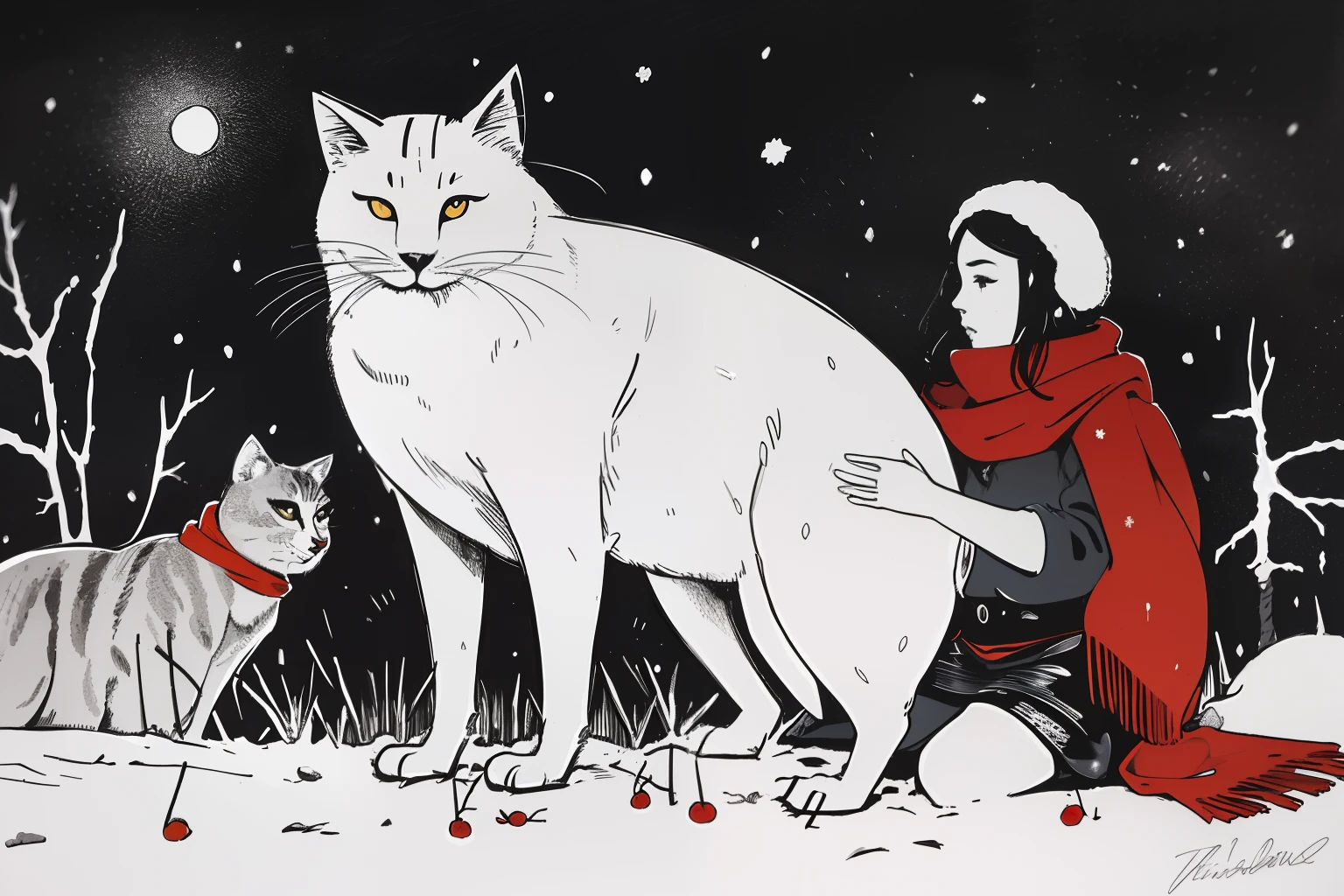 masterpiece, best quality, 1girl, red scarf, winter, snow, heavy snowfall, tundra, marsh, red berries, grey, white, dark, night, starry sky, giant white fluffy cat, tribal, ethnic, native inuit, sketch