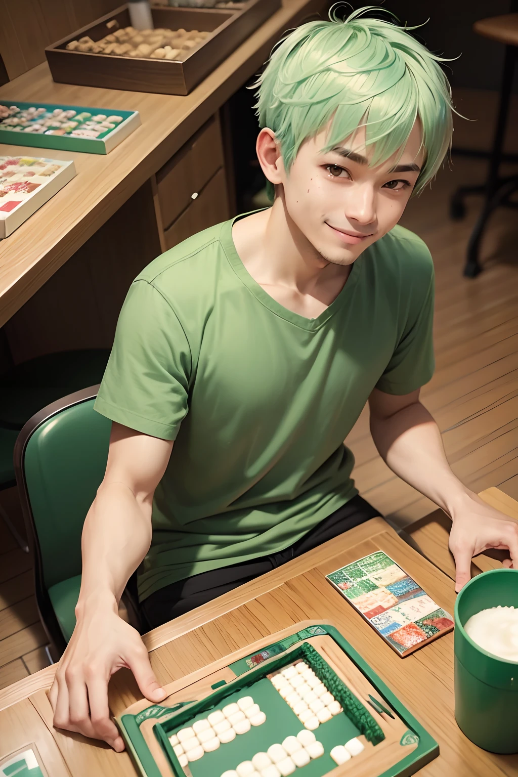 Osaka,Adult male,light green hair,short bangs hair,A smile,No beard,mash hair,twinks,board games、