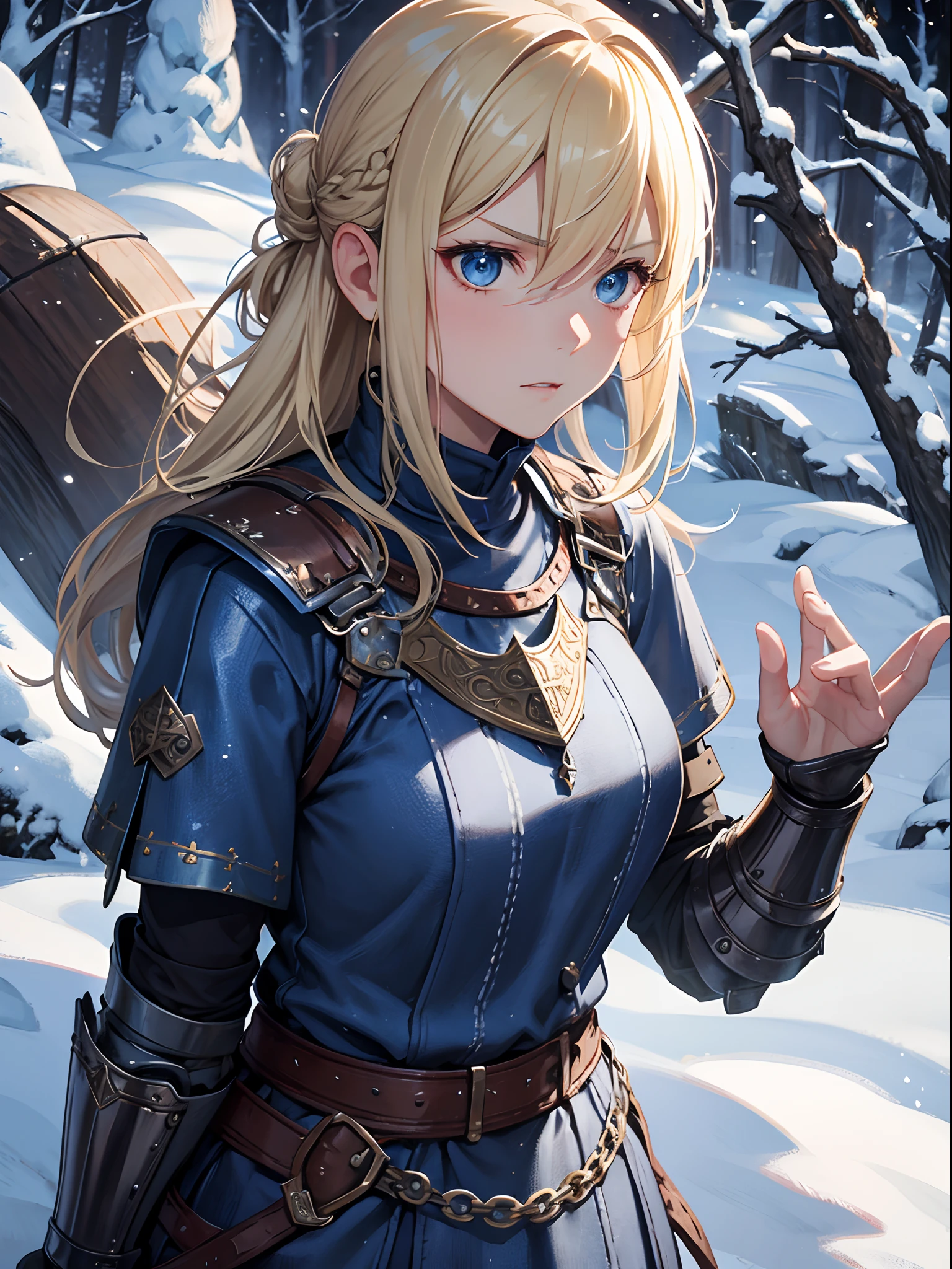 Close up, fantasy world, viking, snow, forest, adult woman, frustrated expression, tough look, blonde hair tied back, muscular, chainmail, baggy blue clothing, medieval armour, leather elbow guards