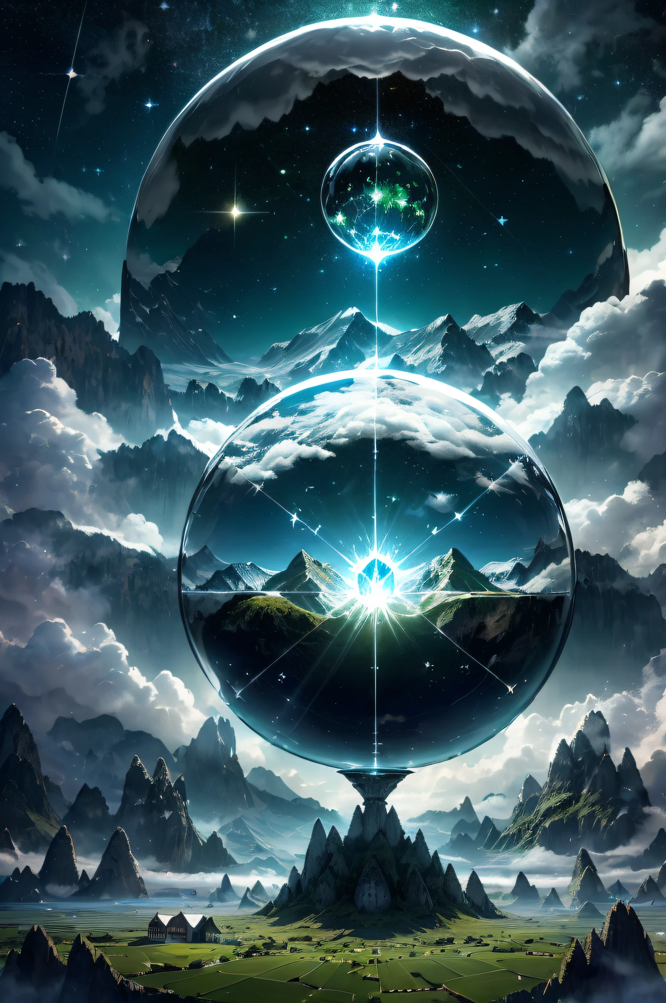 A giant mirror crystal sphere floating in space, flickering lights, sad cat lost (heaven like green fields surrounded by high mountains and clouds:1.3), particles in the air, god rays, stars in the background, intricate fractals, detailed, (illustration), masterpiece, high resolution, best quality.