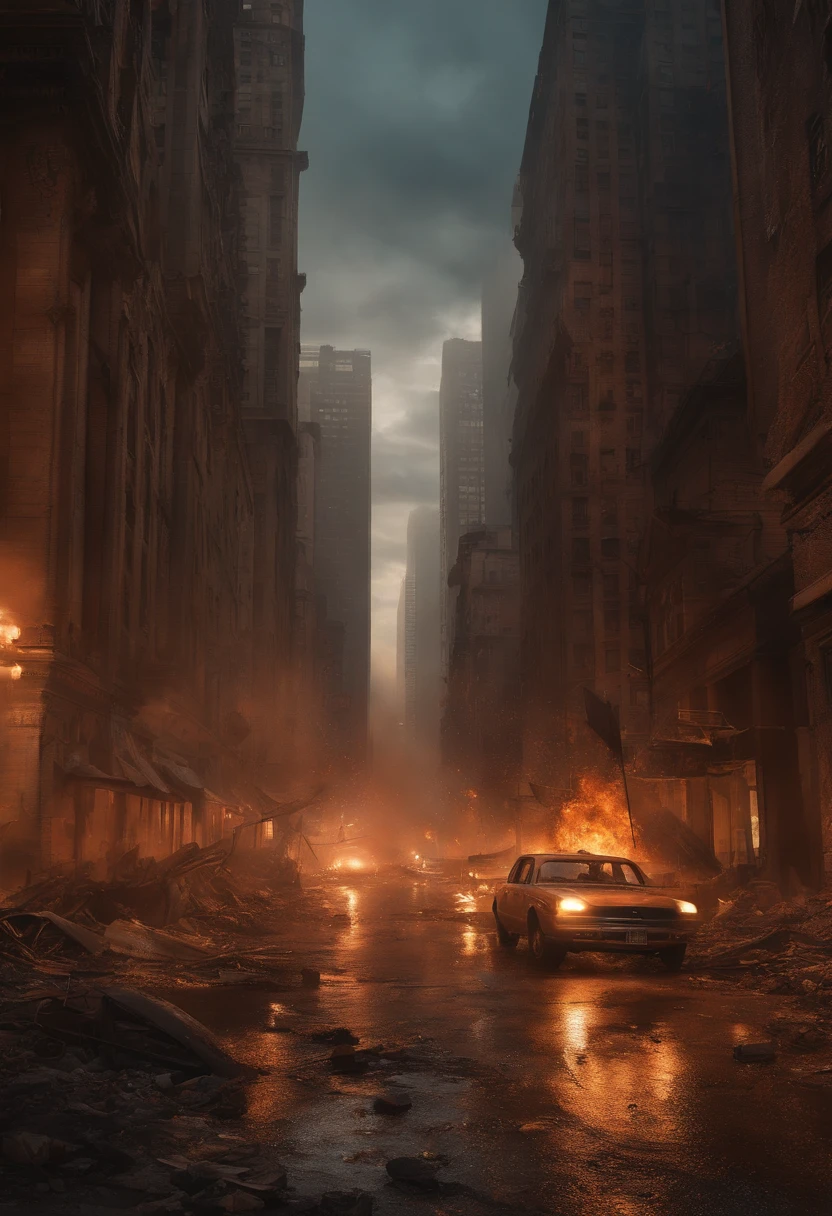 Vividly describe the cityscape in the midst of chaos: The once prosperous metropolis is now in ruins, The towering buildings were engulfed in thunderous flames，The wreckage of the car is scattered across the streets.