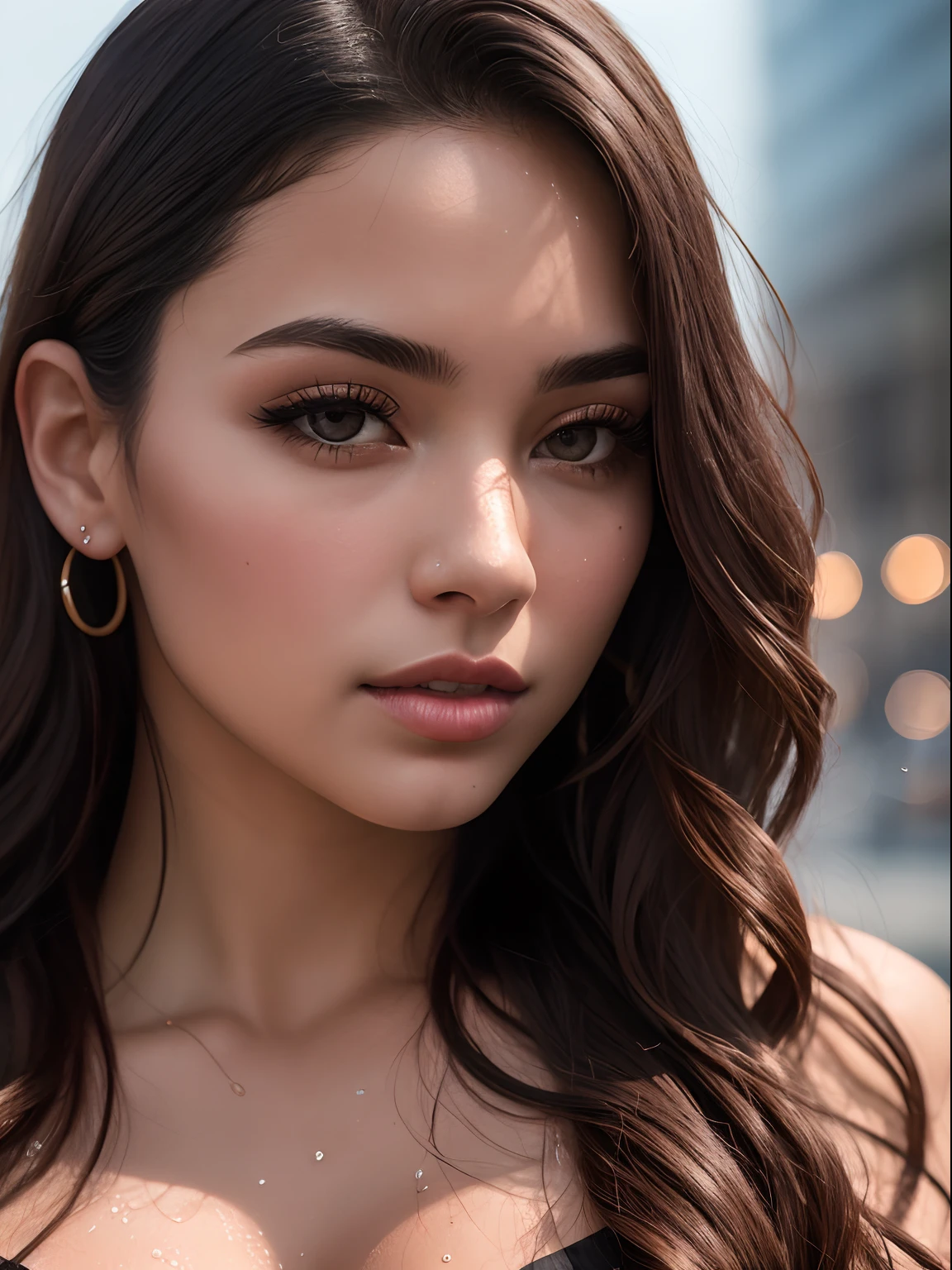 Photo 25 year old Brazilian girl, RAW, beautiful woman, (extra long wavy dark brown hair), ((half body portrait)), (detailed face: 1.2)), (detailed facial features)), (thin skin), detailed skin, pores,, high detail and deep neckline, Black Alloy Strap, gorgeous body, megacity environment, (warm color), wet, damp, reflection, (masterpiece) (perfect proportions) (realistic photos) (highest quality) (detail) photographed with Canon EOS R5, 50mm lens, f/2.8, HDR, (8k) (wallpaper) (film lighting) (dramatic lighting) (sharp focus) (complex) fashion (cinematic), ((neutral colors))