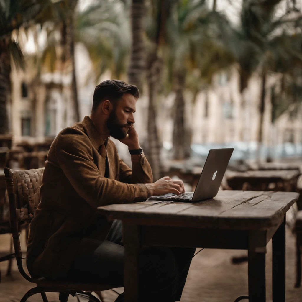 there is a man sitting on a table with a laptop, a picture inspired by Antônio Parreiras, Shutterstock, Hurufiyya, Vitaliy Bondarchuk, Ivan Laliashvili, Hicham Habchi, Konstantin Porubov, Sviatoslav Gerasimchuk, Ahmad Merheb