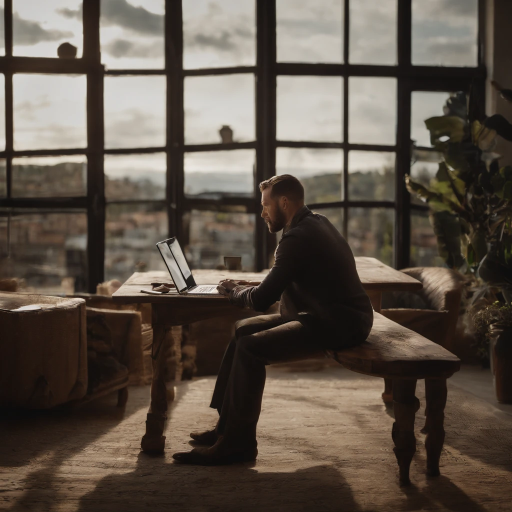 there is a man sitting on a table with a laptop, a picture inspired by Antônio Parreiras, Shutterstock, Hurufiyya, Vitaliy Bondarchuk, Ivan Laliashvili, Hicham Habchi, Konstantin Porubov, Sviatoslav Gerasimchuk, Ahmad Merheb