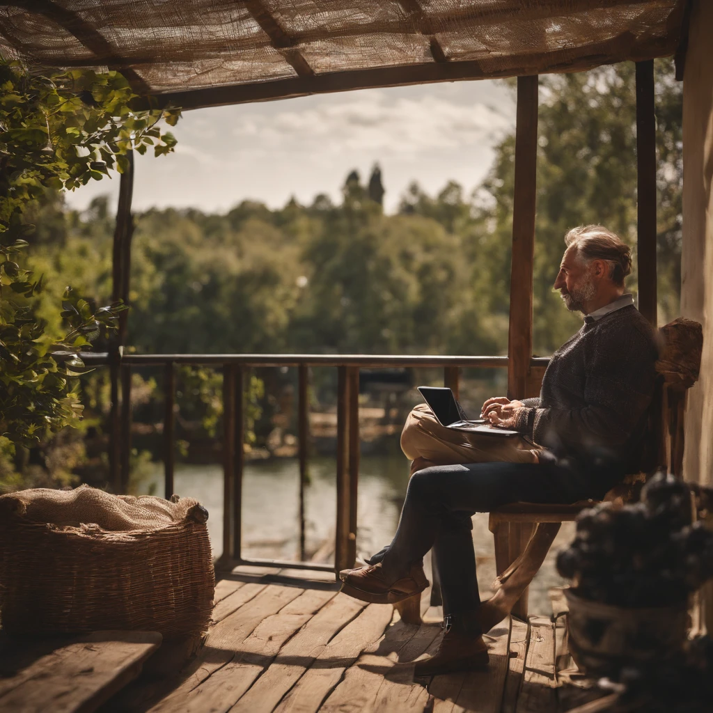 there is a man sitting on a table with a laptop, a picture inspired by Antônio Parreiras, Shutterstock, Hurufiyya, Vitaliy Bondarchuk, Ivan Laliashvili, Hicham Habchi, Konstantin Porubov, Sviatoslav Gerasimchuk, Ahmad Merheb