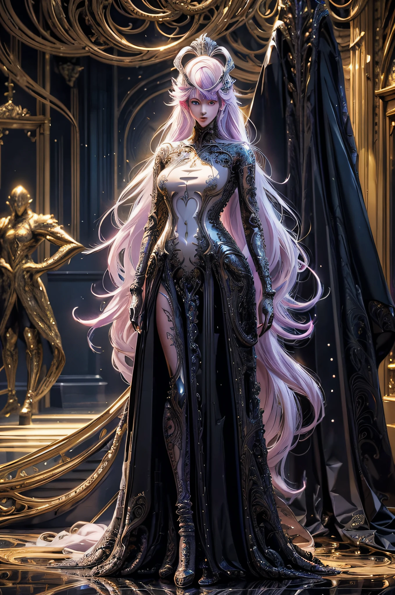 Prompt: Gender: Female
Height: 7'2"
Weight: 120 lbs
**Hair**: Long, white colored, with a pink underglow
**Eyes**: Dark eyes, sharp, glowing Eyes,
**Skin**: light purple
**Build**: Slim and long of torso, Medium large Boob,
**Distinguishing features**: a beautiful alien like look
**Clothing style**: a futuristic cascade of dark flowing silk standing in a hall of golden mirrors
(extremely detailed picture:2) , Model: Break Domain