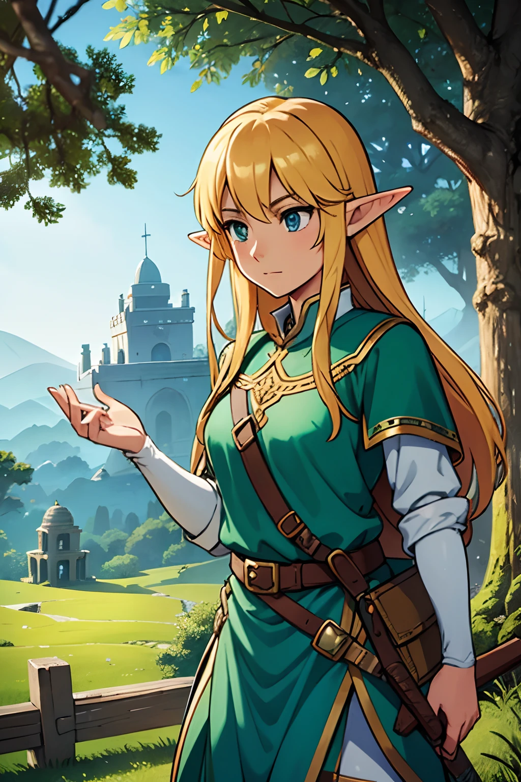 beautiful young Elf,Link,illustration,detailed outfit,elven bow and arrow,magical forest background,(best quality,ultra-detailed),(realistic,photorealistic),vibrant colors,soft lighting,eye-catching composition,adventurous atmosphere,fantasy setting,fantasy adventure game,sword and shield,proud and determined expression,golden hair flowing in the wind,peaceful and enchanting scenery,ancient ruins in the distance,ancient artifacts,heroic quest,epic battles,legendary creatures,magic spells