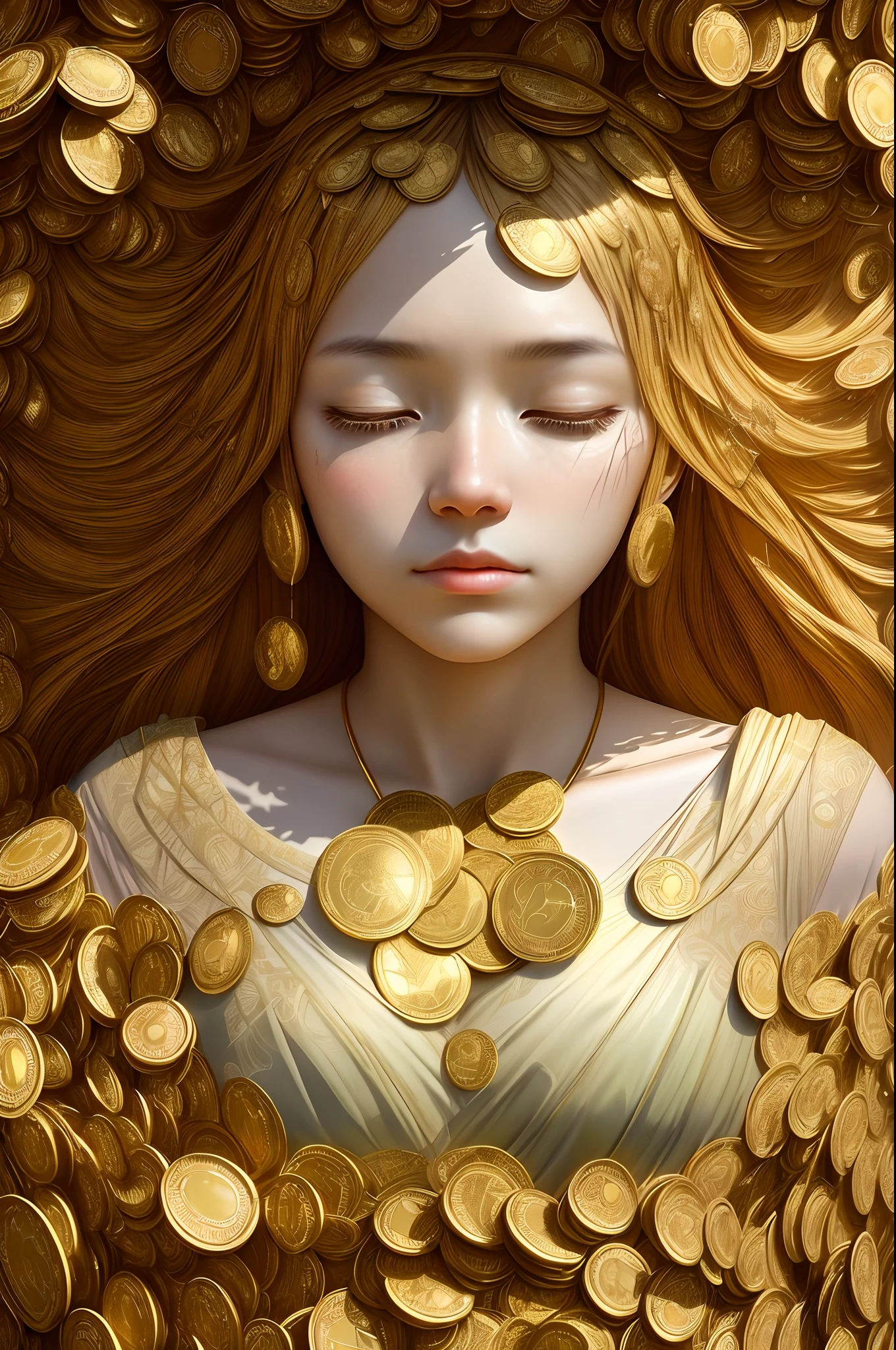 artistic photograph, A photo of a weeping young woman covered with dollars of gold coins, Overhead shot, Dazzling sunlight, Intricate, Flashy, Translucent, Medium scenario, Weird art style, Extremely creative, Simple and mysterious, High quality, 8K