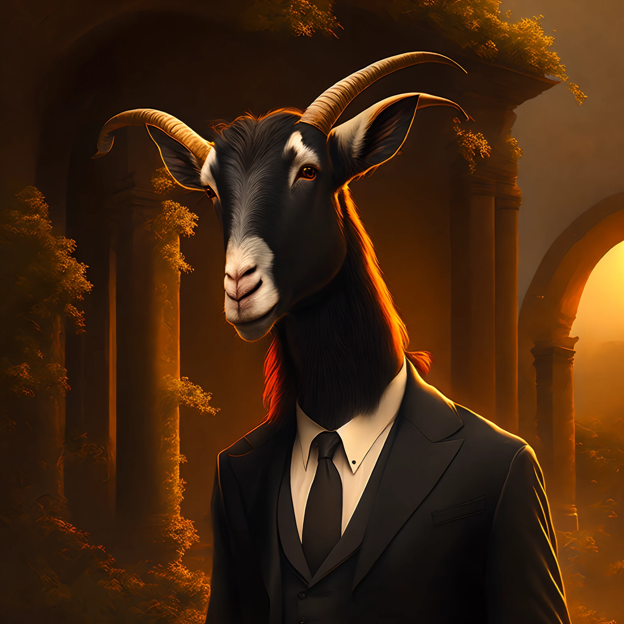 A Goat Standing, His outfit is a black suit and tie, he has the head of a black goat, rosto de bode preto,In the background of the image is a beautiful paradise, com nuvens, and birds flying overhead, com raio de luz do sol radiante na imagem de alta qualidade, place is a paradise only its bottom, raios de sol e luz, Late afternoon paradise