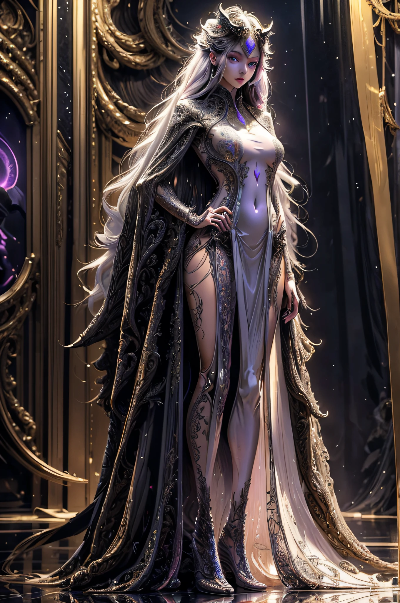 lavender violet color, shibuya, hatsuneMiku, (ultra Realistic), ( illustration), (High res), (8K), (highly detailed), (the best illustration), (Beautiful Detailed Eyes), (best Quality), (Super Detailed), (Master peace), (Wallpapers), (Detailed Face), solo, 1 girl, solo girl, disheveled aristocratic dress, White hair, Iris heterochromatic eyes, small moles under eye, medium chest, Long legs, Stunning composition, Foot braids, Beautiful and detailed legs, belly button expose, exposed cleavage, shining thighs, shining legs, showing a delicate slim figure and graceful curves,
