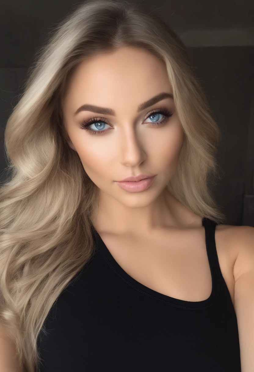 Woman with matching tank top and panties, Sexy girl with blue eyes, portrait sophie mudd, portrait corinna kopf, blonde hair and large eyes, Selfie einer jungen Frau, Augen im club Violet Myers, ohne Make-up, Natural makeup, Blick direkt in die Kamera, Gesicht mit Artgram, dezentes Make-up, Stunning full body shot, im Schlafzimmer, Spaltung