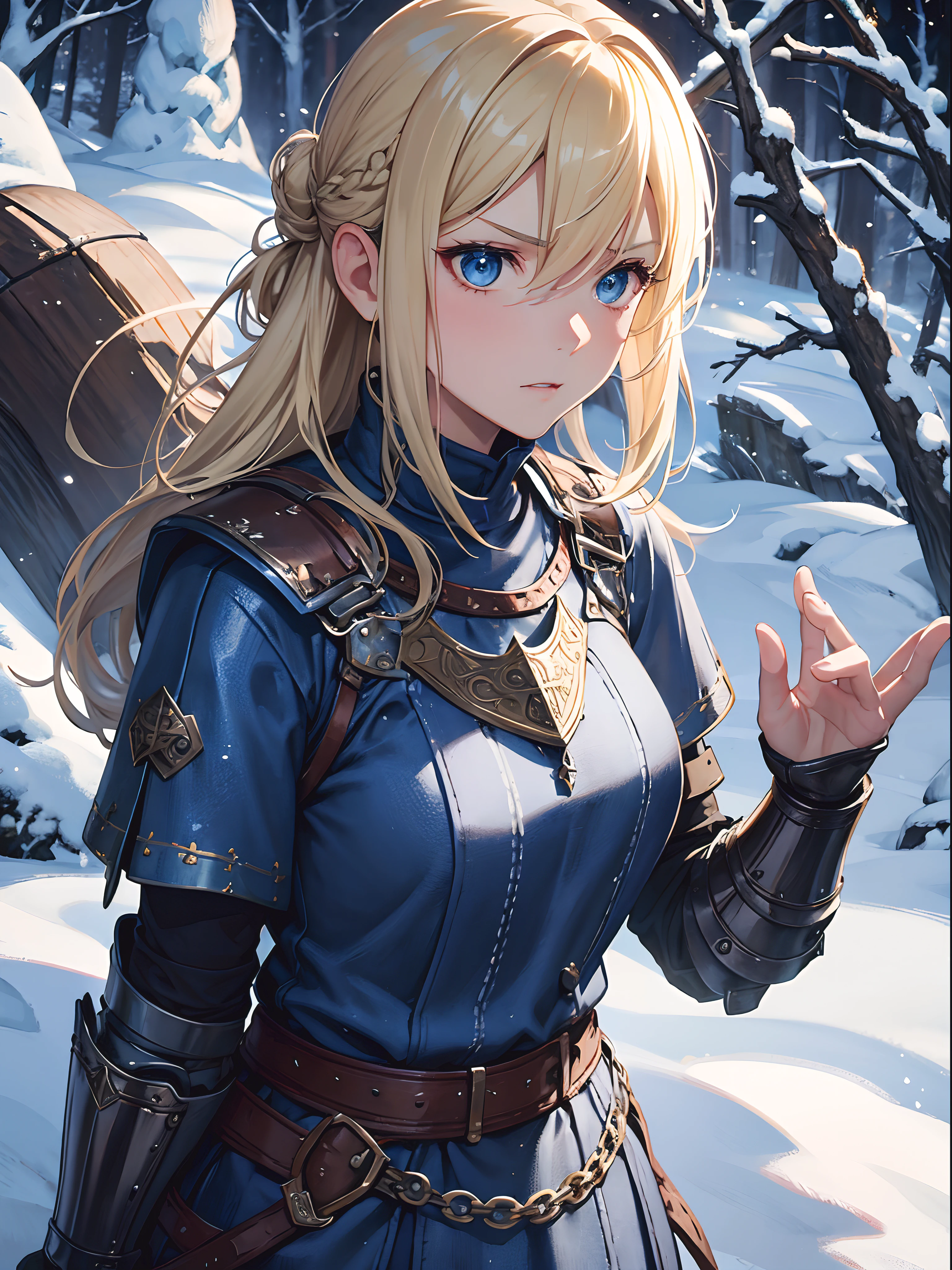 Close up, fantasy world, viking, snow, forest, adult woman, frustrated expression, tough look, blonde hair tied back, muscular, chainmail, baggy blue clothing, medieval armour, leather elbow guards