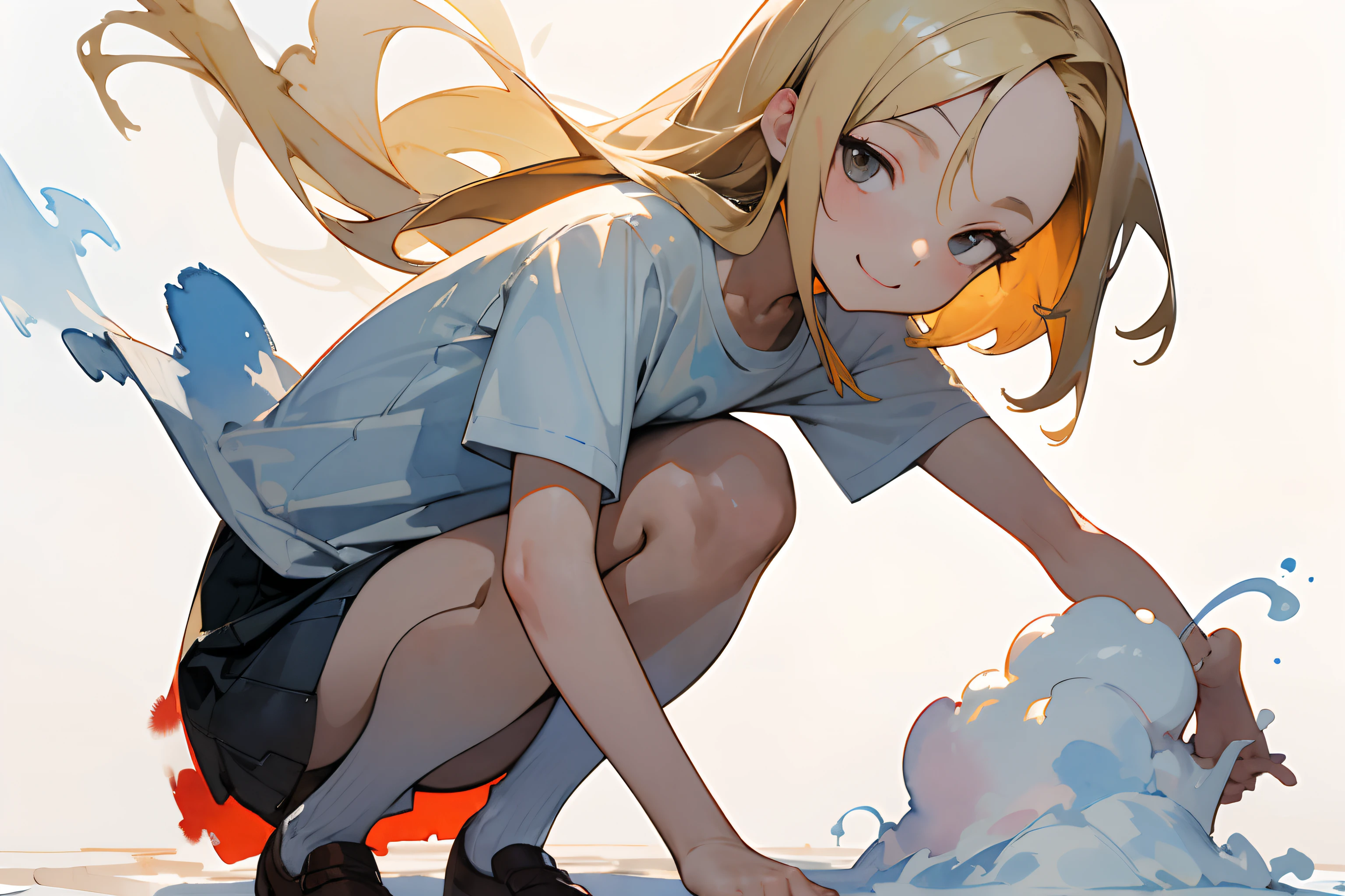 ((masutepiece)), (Professional Photography:1.2), (High Definition:1.3), Best Quality, (watercolor painting:1.3), wide shot, (simple white background:1.10), grey fine ink splashing, age girl, long blond hair, smile, wearing T-shirt, crouch down