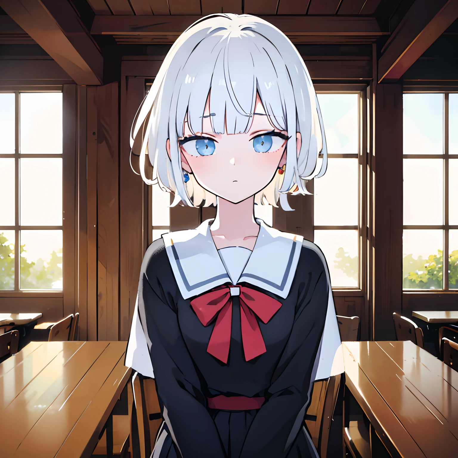 sparkling eyes, soft sunlight, enchanting atmosphere, oil painting texture, detailed brushwork, high-res masterpiece:1.2, vivid colors, realistic portrayal, white hair, school uniform, short hair, Emotionless Expression, Detailed Eyes,