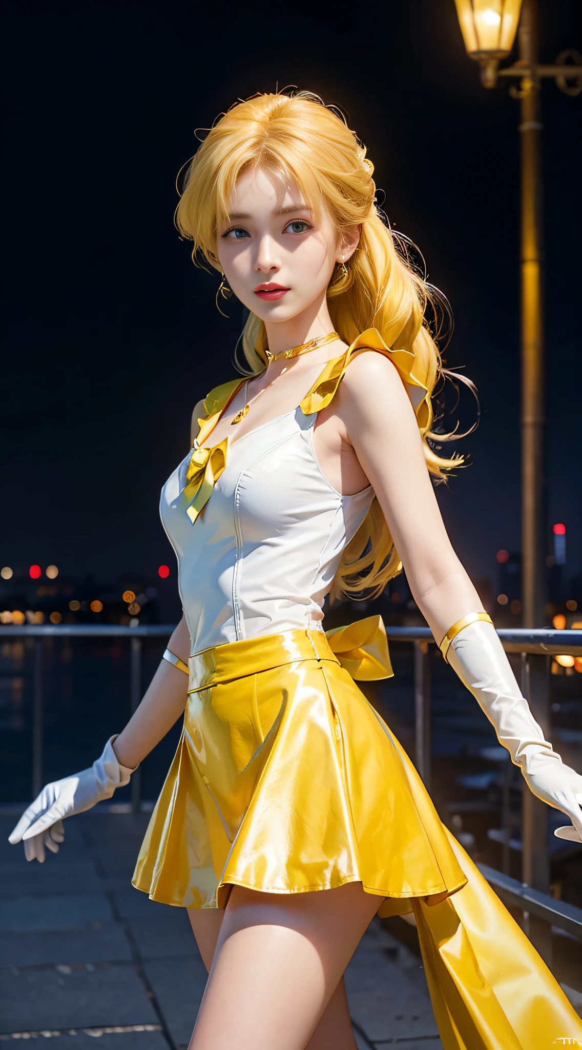 ((masterpiece:1.4)、(top-quality:1.4)、(reallistic:1.7))、masuter piece:1.4、a beauty girl、(sailormoon:1.4)、Sexy female combat suit sticking to body、(latex shiny)、(The jacket is a white sleeveless sailor suit)、(Skirt is blue sexy ultra ultra mini skirt)、The collar of the sailor suit is blue with two thin lines.、Red cloth ornament at chest、(Wearing white gloves)、Kawaii Girl、Super beauty、foco nítido、Portrait photos、Upper body photography:1.4、beautiful countenance、beautidful eyes、Narrow waist、(Yellow hair:1.4)、poneyTail、Raw photo、red-lips、Red boots:1.4、a choker:1.4、a necklace:1.4、耳Nipple Ring:1.4、1 screen display、Outdoor landscape