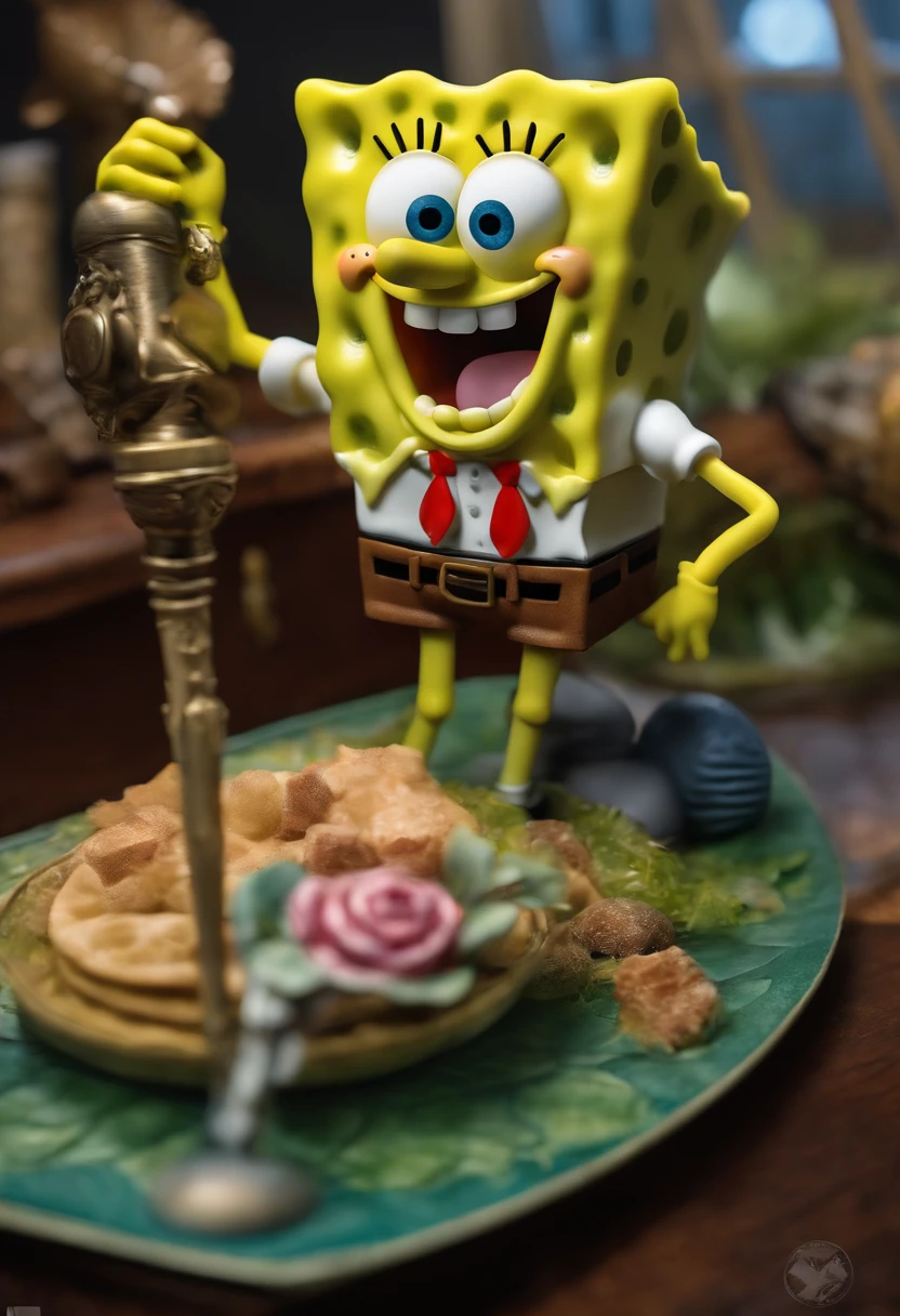 Mache Sponge Bob ultrarealistisch, while the mortal battle character sparkles in the background, dunkler leerer hintergrund, pfannenwernder als waffe, stirnband, wicked