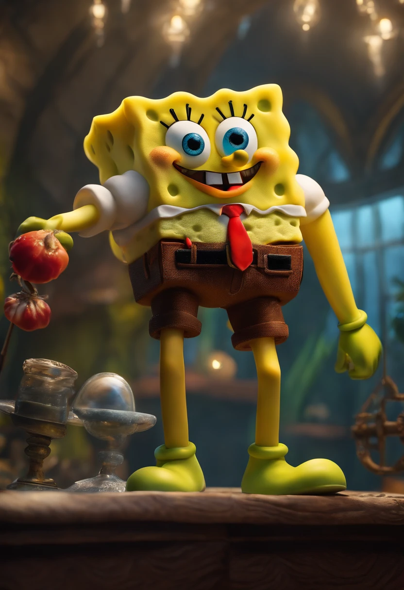 Mache Sponge Bob ultrarealistisch, while the mortal battle character sparkles in the background, dunkler leerer hintergrund, pfannenwernder als waffe, stirnband, wicked