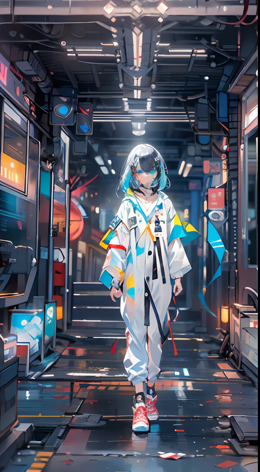 {{​masterpiece}}, top-quality, Ultra detailed CG Unity 8K wallpaper, Cinematographic lighting, lensflare, Beautiful detail eyes, Coat color:white and black, colorful light, Particle, heterochromia iridis, (colourfull:1.5), (Colorful hair:1.5),