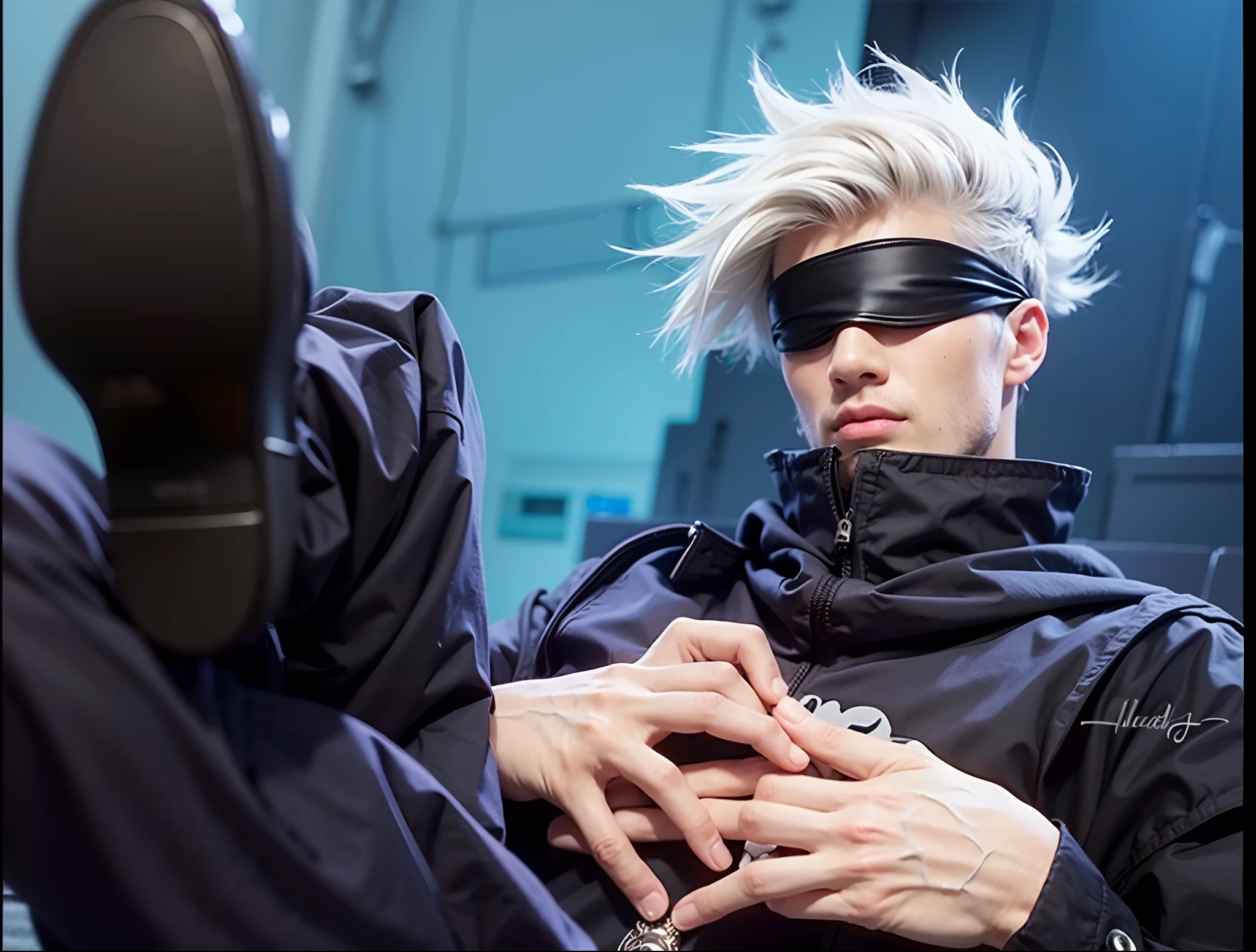 man, chiseled face, white hair, black blindfold, veiny hands, black clothing