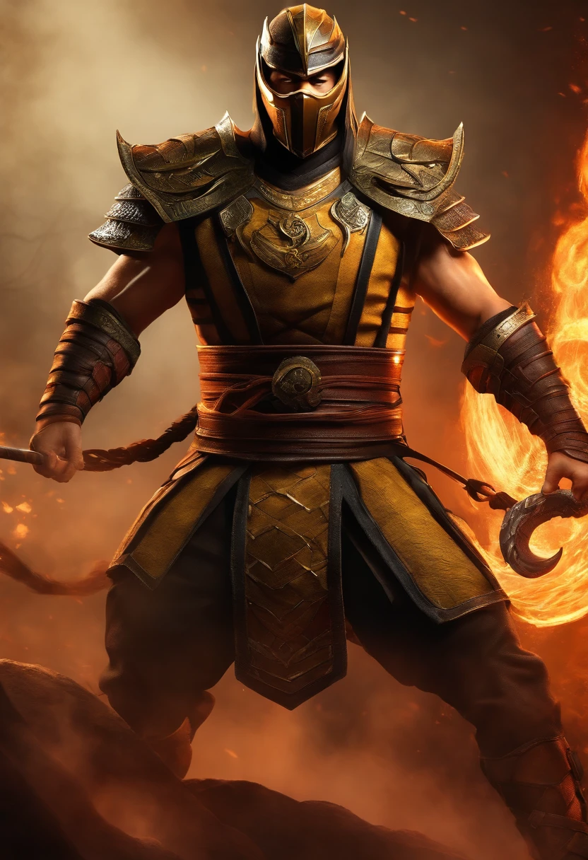 Generate a visually striking Mortal Kombat character inspired by a mythical dragon warrior. Provide a detailed description of their appearance, attire, and weapon, and I will create a stunning visual representation.