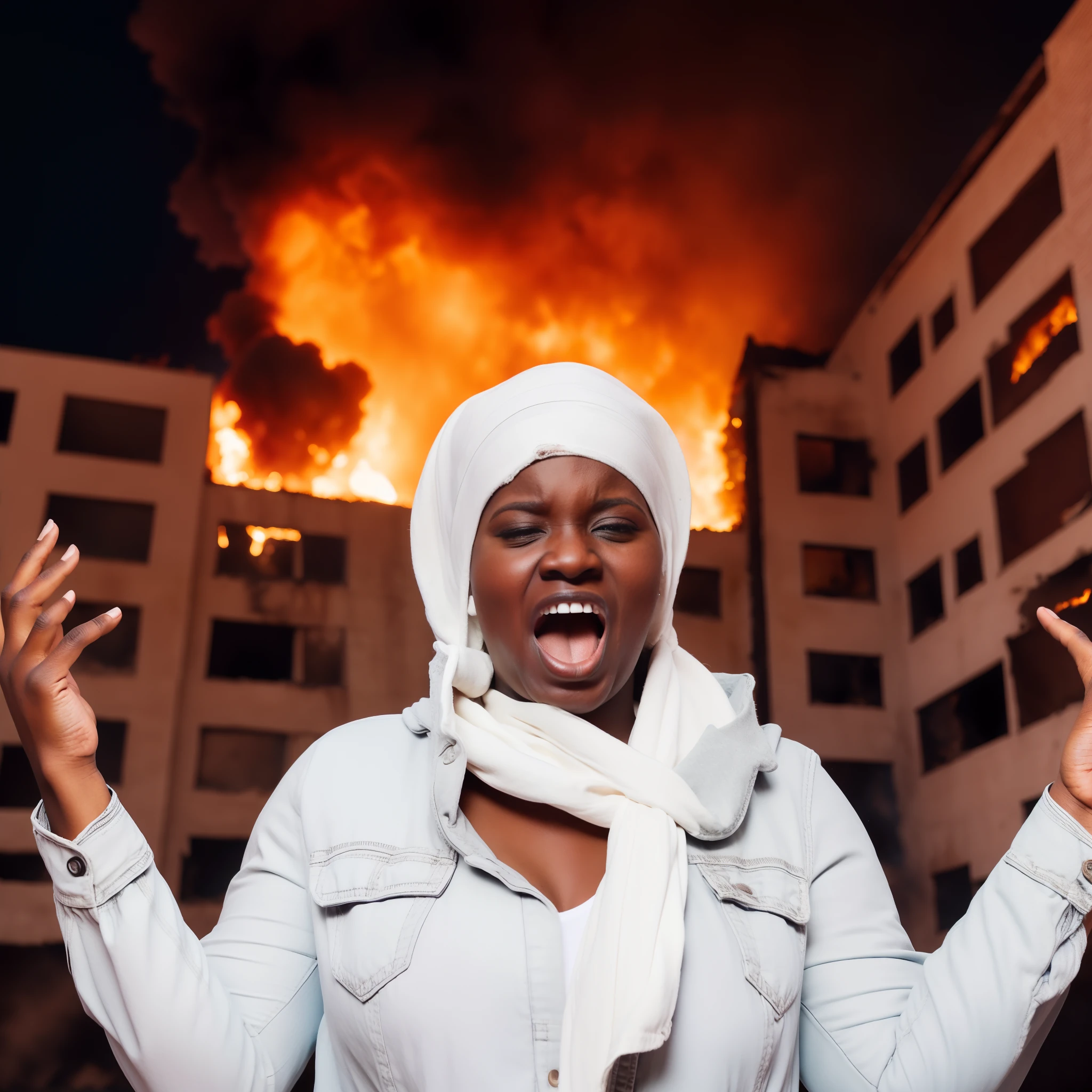 Black woman screaming at building on fire behind