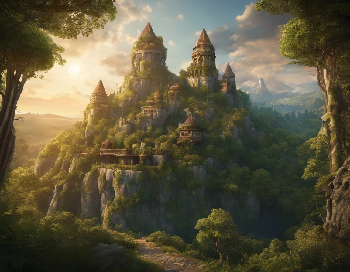 a wallpaper ultra wide angle, fantasy art, RPG art, (best Detailed: 1.5), CG (UHD: 1.5), (photorealistic: 1.4), cinematic movie picture picture of an elven city built in the forest trees, a city of Forgotten Realms elves built in the forest trees, there are many houses built (in the massive ancient forest woods: 1.6), there are elven towers, a massive, elven fortress built on a hill near the city, (perfect architecture: 1.5) fantasy elven forest background, sunset, the sun is setting down there are some clouds in the sky, best details, best quality, 16k, (ultra detailed: 1.5), masterpiece, best quality, (extremely detailed), ultra wide shot, photorealism, depth of field, hyper realistic