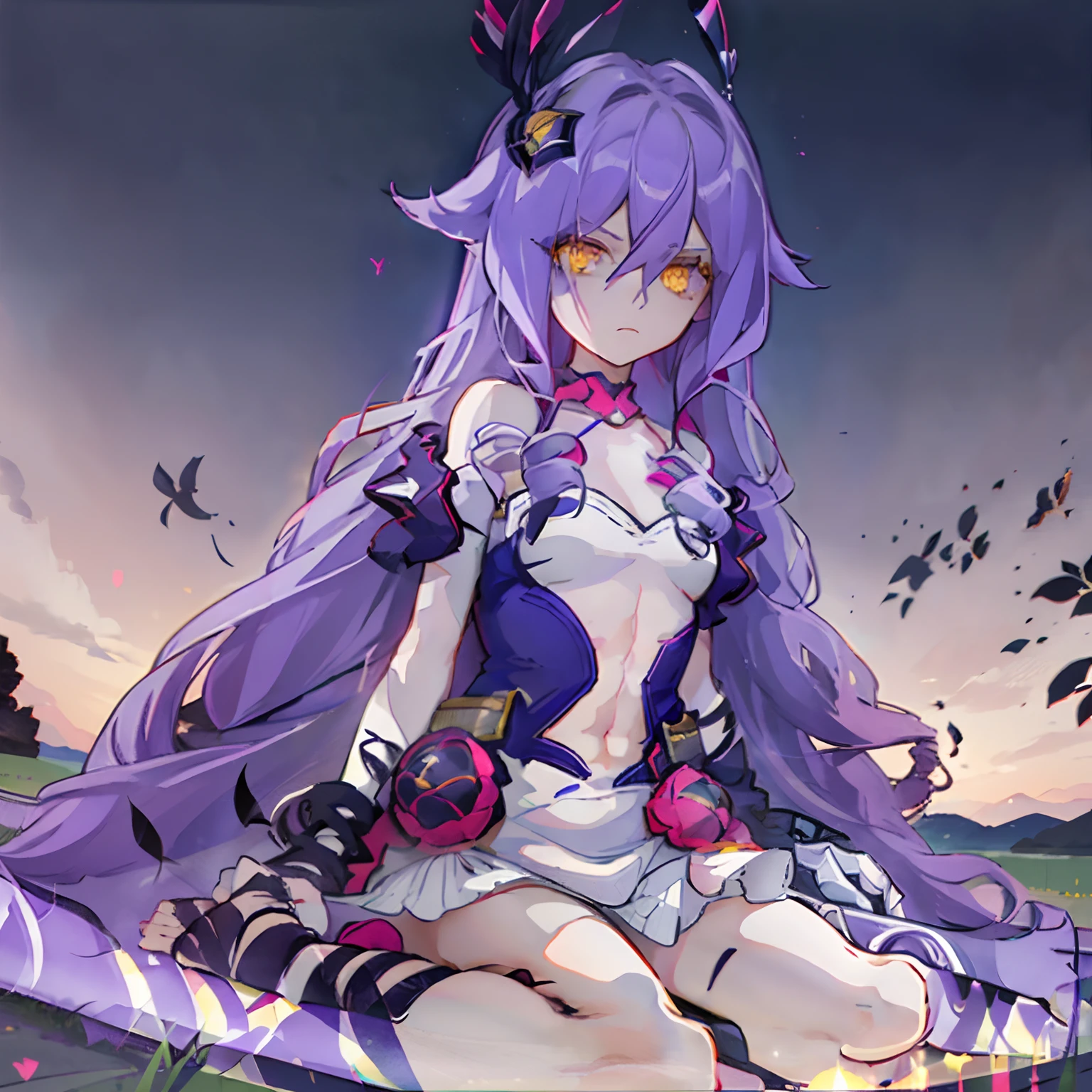 masterpiece, best quality, best 8k wallpaper, 
1 girl, long hair, purple hair, bangs, yellow eyes, earrings, hair between eyes, 
bandages, dress, hill, thighhighs, heart pose hand,
full body, flower field, lake,  blue sky, sitting,