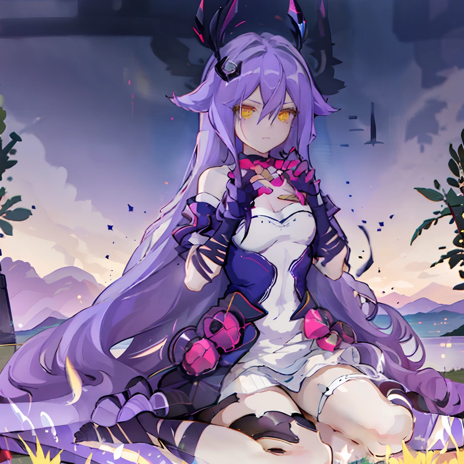 masterpiece, best quality, best 8k wallpaper, 
1 girl, long hair, purple hair, bangs, yellow eyes, earrings, hair between eyes, 
bandages, dress, hill, thighhighs, heart pose hand,
full body, flower field, lake,  blue sky, sitting,