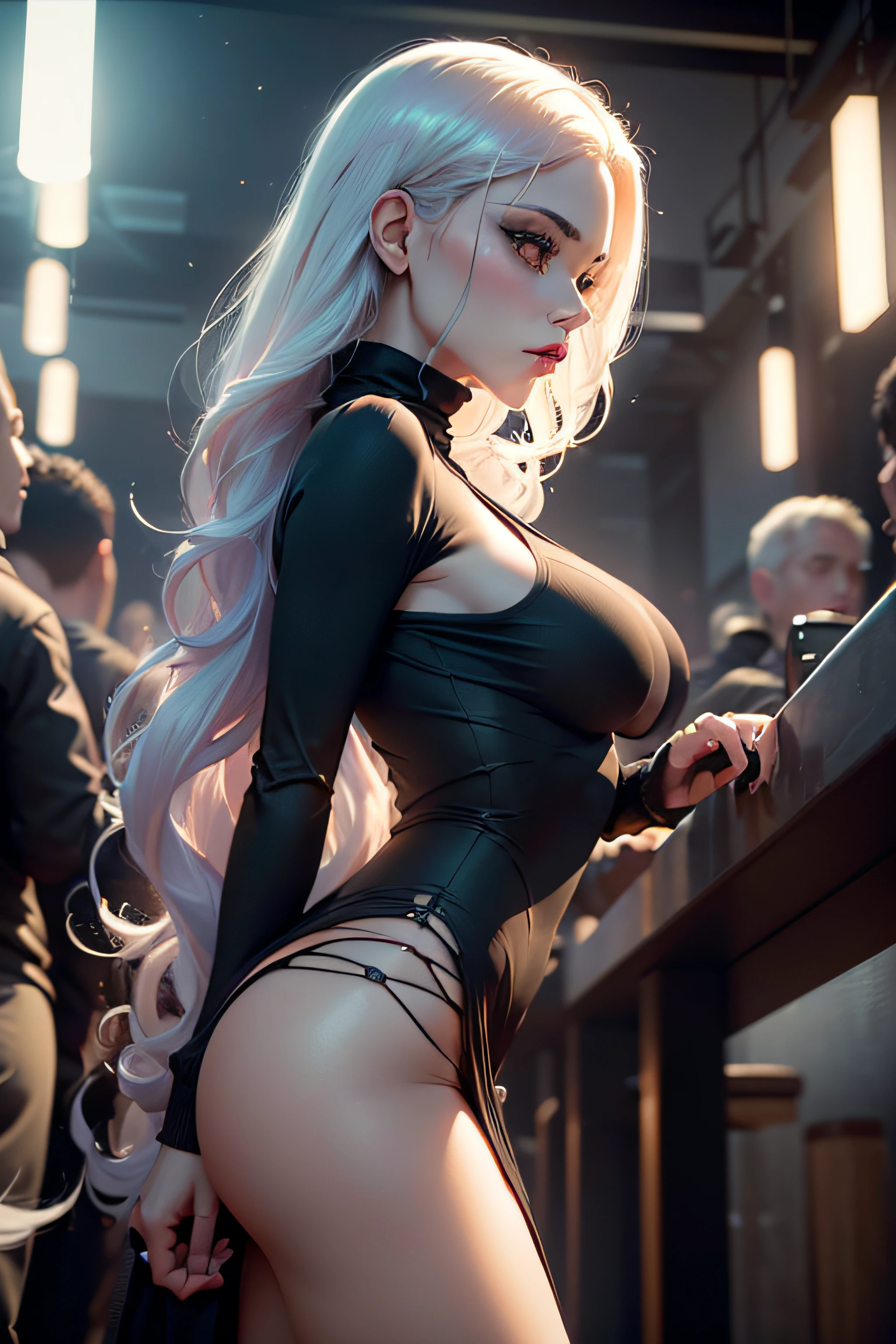 (detailed hair), light on face, huge filesize,cinematic lighting, 1girl,ultra sexy, hyper seductress, seductive make up, dark eyeliner,long white hair, white hair, ((light blush)), ((expressionless eyes)),unashamed, ((firm medium size breasts)),fashi-g, red lips, dark makeup,shirt lift, ((black sweater top, very tight ultra thin fabric)),(black kneehighs, ((looking at viewer, seductive, from side and below)), Depth of field, high contrast, over exposing, very risky exhibitionism, exquisite makeup, with (medium sized very firm breasts) wearing a short jade halterneck dress, sideboob, in a dark nightclub, turned towards camera, blurry crowd of men in background and foreground, motion blur, sexy attire, long hair, looking at viewer, Realism, VFX, Volumetric Lighting, Volumetric Light, Volumetric, Natural Lighting, high details, detailed and intricate, intricate details, high intricate details, absurd amount of details, absurdres, high resolution, flashing