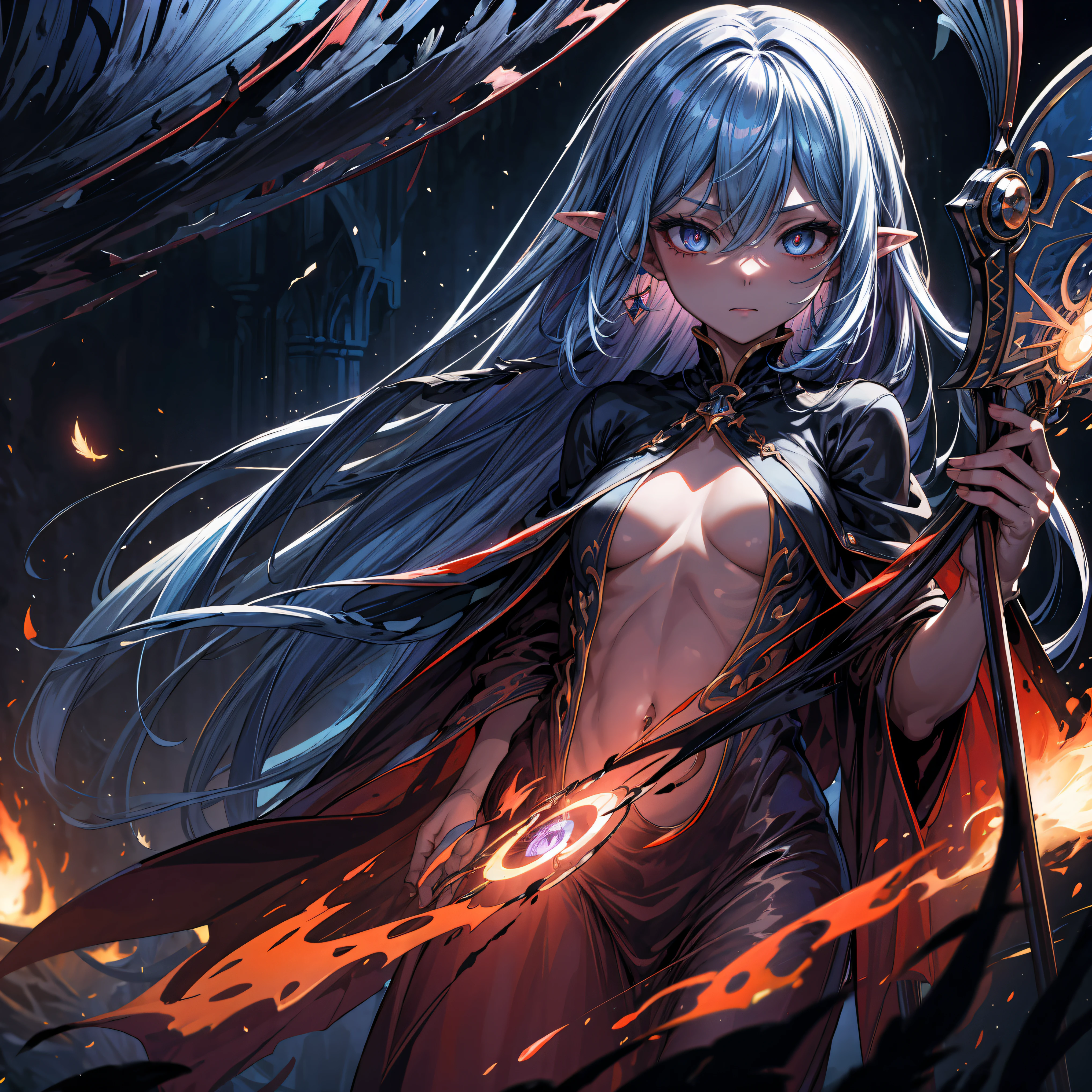 death,blood,night, dark, (Fantasy),Infinite,deep blue sky,The abyss of knowledge,knowledge,((masterpiece)), (((best quality))),((beautiful detailed eyes)),(eyelash),Monster,(1 girl),blue hair,long hair,abyss eyes,Shiny skin,oil,small breast,(bird body,feather),Wearing Rags of cloth, Tzeentch,elf,extremely detailed CG unity 8k wallpaper,masterpiece, ((ultra-detailed)), ((illustration)),colorful,wallpaper,energy,Unknown terror,arcane,Around the magic,magic surrounds,magic rod,book,pages flying all over the sky,Know it all,Predicting the Future,Know the past,Infinite wisdom,blue flame,Warlock,Magical Circle,Pentagram,incantation,mantra,Singing magic,