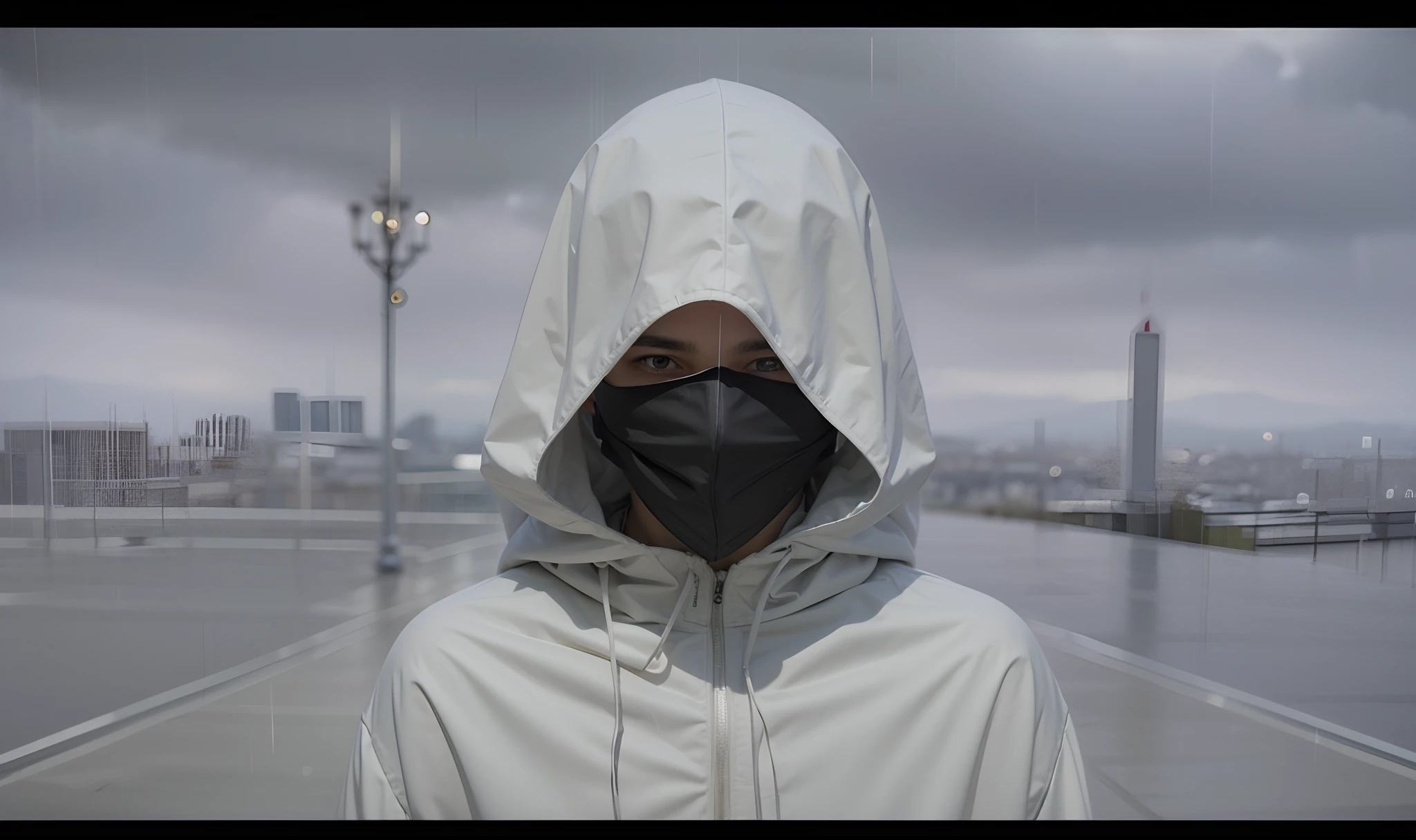 man, wet White cloak, black mask, headband, raining in the background