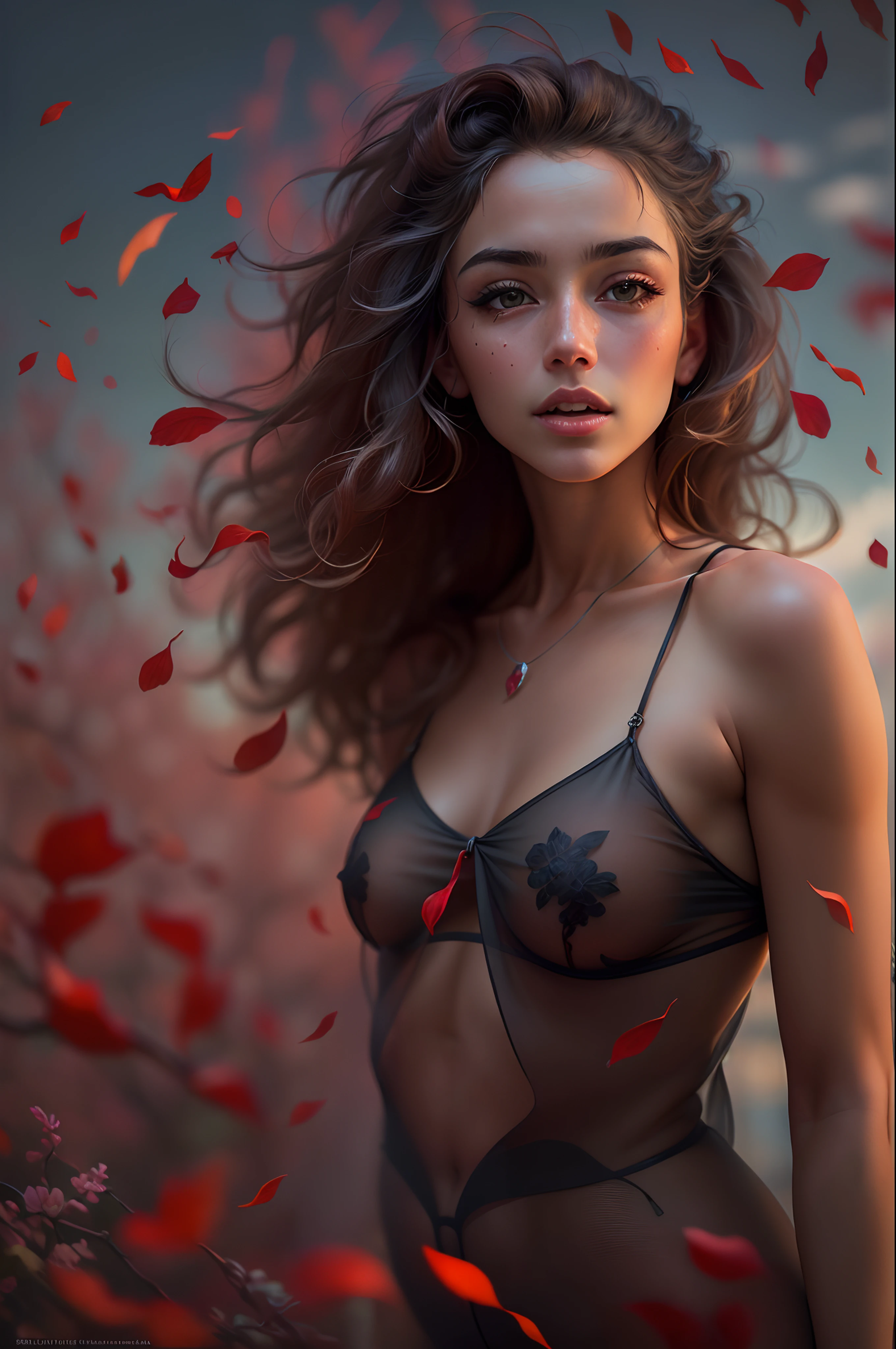 Uma menina com 18 anos, [artistic nude] , sem roupa, seis grandes, batom vermelho, sexy, sensual,,atraente, sedutora, safada, prostituta, muitas flores vermelhas ,(small musical notes falling from the top of the sky), (best quality,4k,8k,Altas,master part:1.2),ultra-detalhado,(Realistic, fotorrealista,photo-realistic:1.37),HDR, UHD,studio lighting, pintura ultrafina,Clear hollow, Physically-based rendering,extreme detail description, profissional,vivid colors, Bokeh,retrato,paisagem paisagista, artistas conceituais, soft pastel colors,dream lighting, artistic nude, notas musicais 🎶,