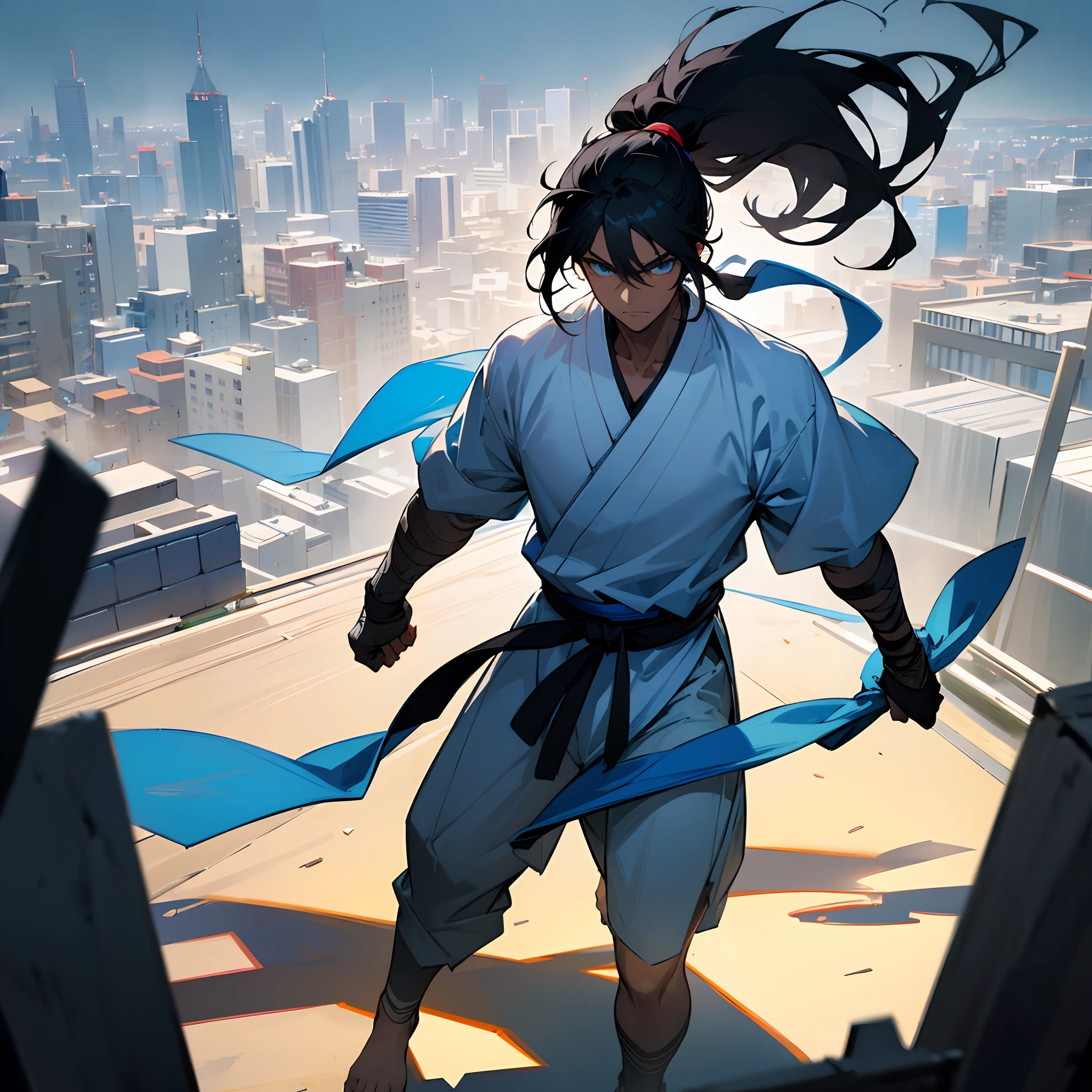 1male,  adult, messy medium length black hair in ponytail, bright blue eyes, walking down path, martial arts gi, dark skin, bandages wrapped around arms, best light and shadows, large city, rooftop