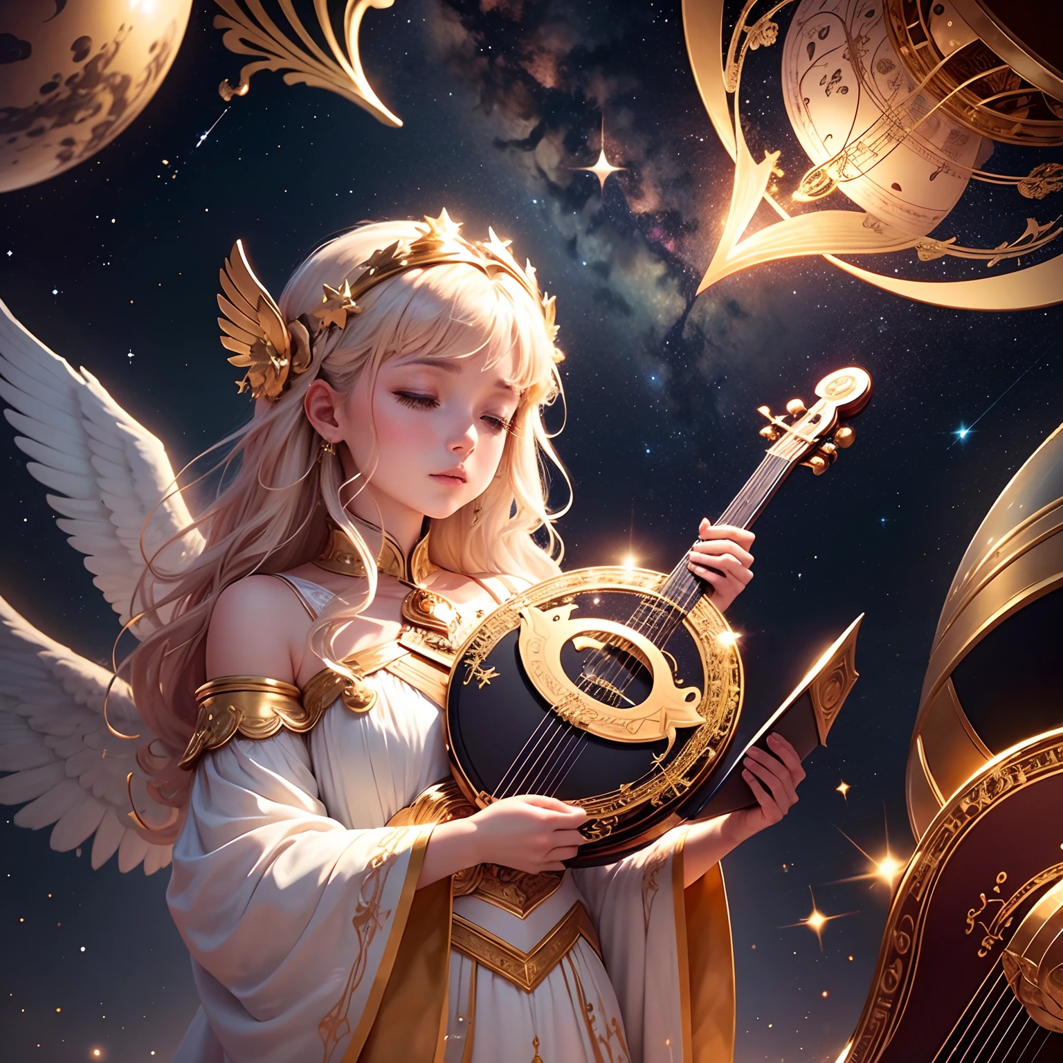 a celestial scene where the stars transform into musical notes, and a golden lyre floats in space. It's being played by a celestial figure with wings, whose music creates constellations in the sky. Create artwork that represents this magical and celestial moment, capturing the harmony between music and the cosmos.