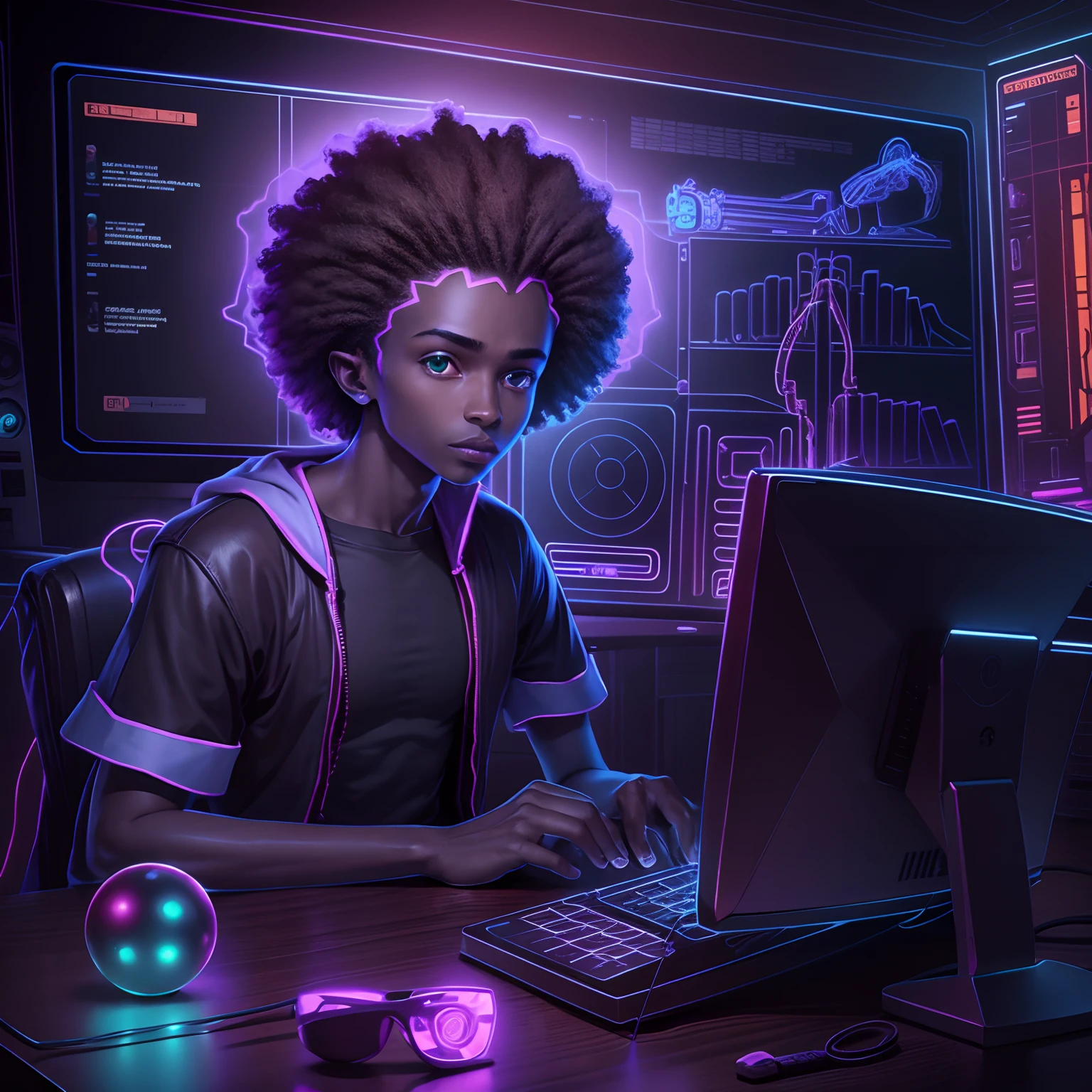 African guy with Afro hairstyle working on a computer , rgb cyberpunk
