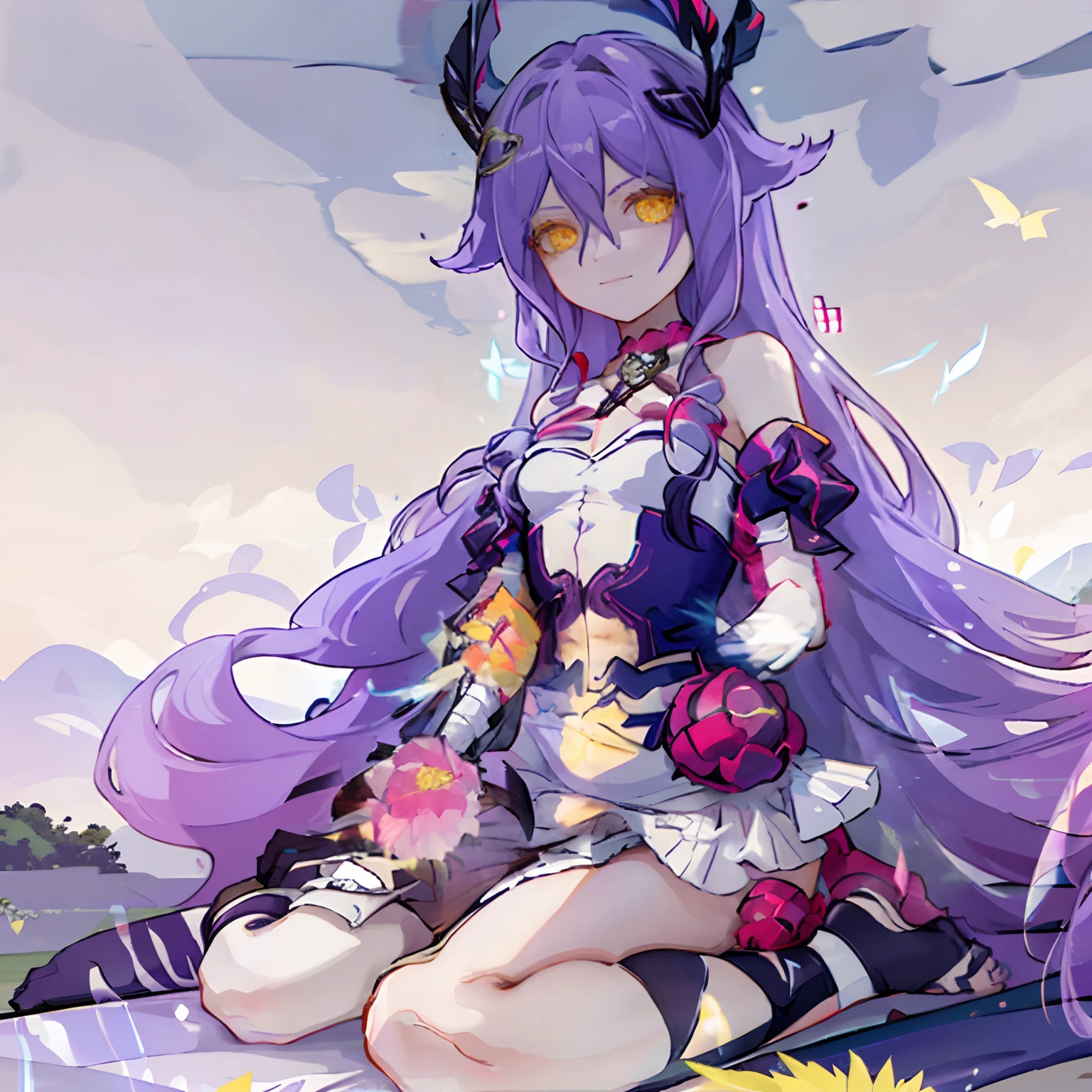 masterpiece, best quality, best 8k wallpaper, 
1 girl, long hair, purple hair, bangs, yellow eyes, earrings, hair between eyes, 
bandages, dress, hill, thighhighs, full body, flower field, lake,  blue sky, sitting, smilling