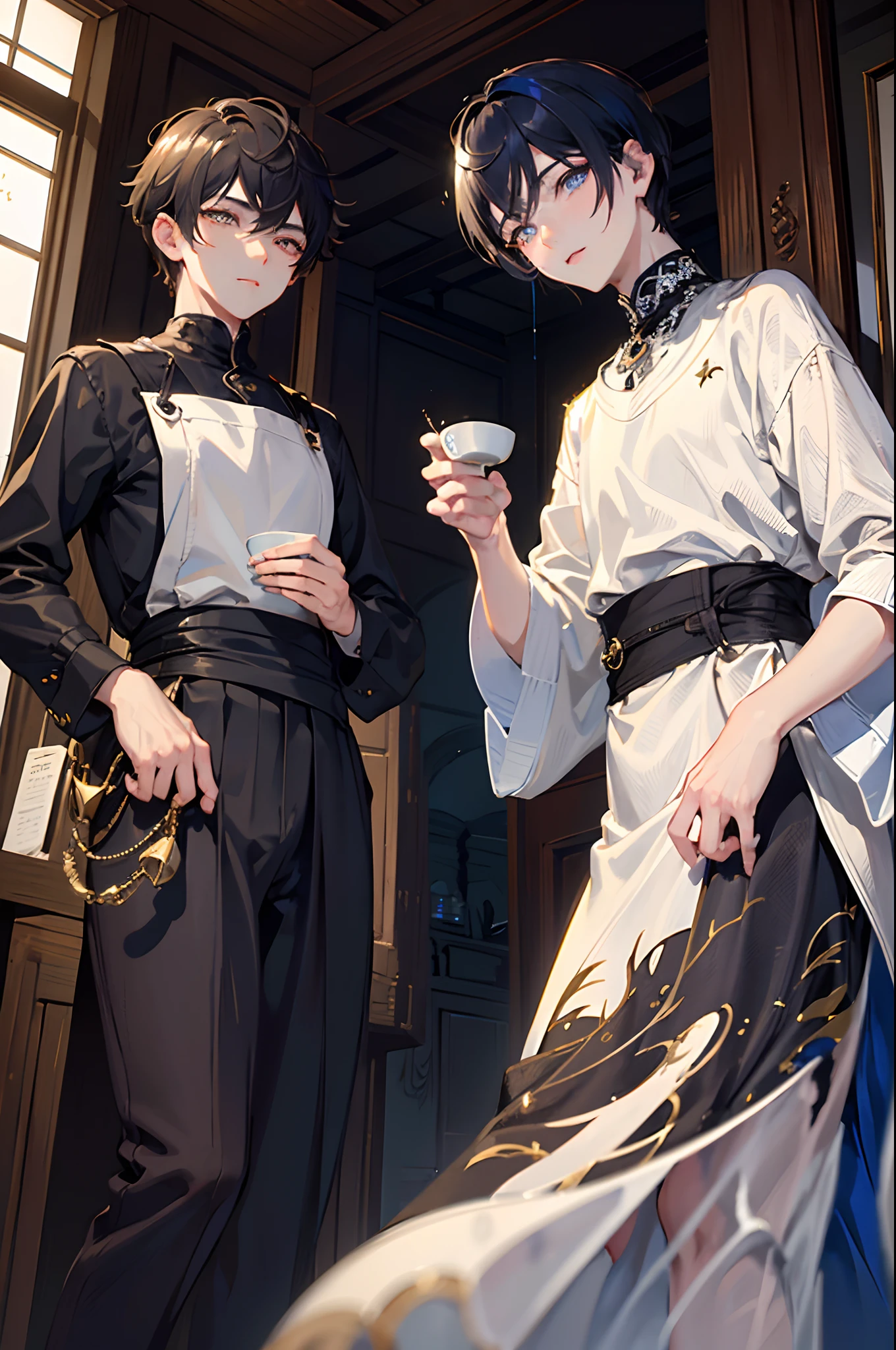 twinks　male people　short dark hair　Drinking tea in an old folk house　​masterpiece　Top image quality　Clear　cinematic shadow　Increased attractiveness of the eyes　{Perfect face} 　Clear the shine of the eyes　Draw eyelashes neatly　Perfect Eye　A detailed eye　Sharpen image quality　Sharpen eye writing　Clear eye shape