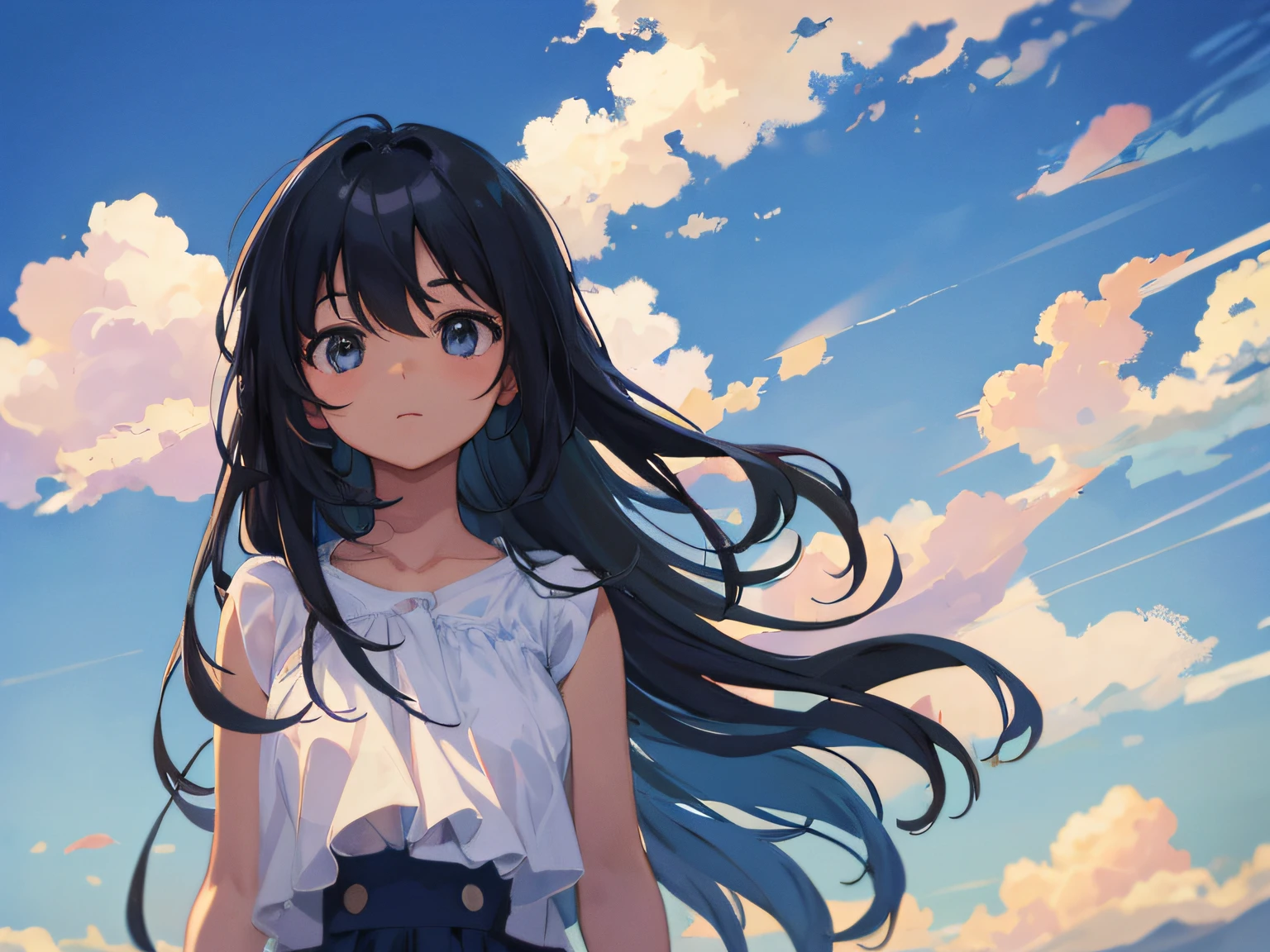 Girl in bottom corner of the image and look up to the sky, beautiful sky,