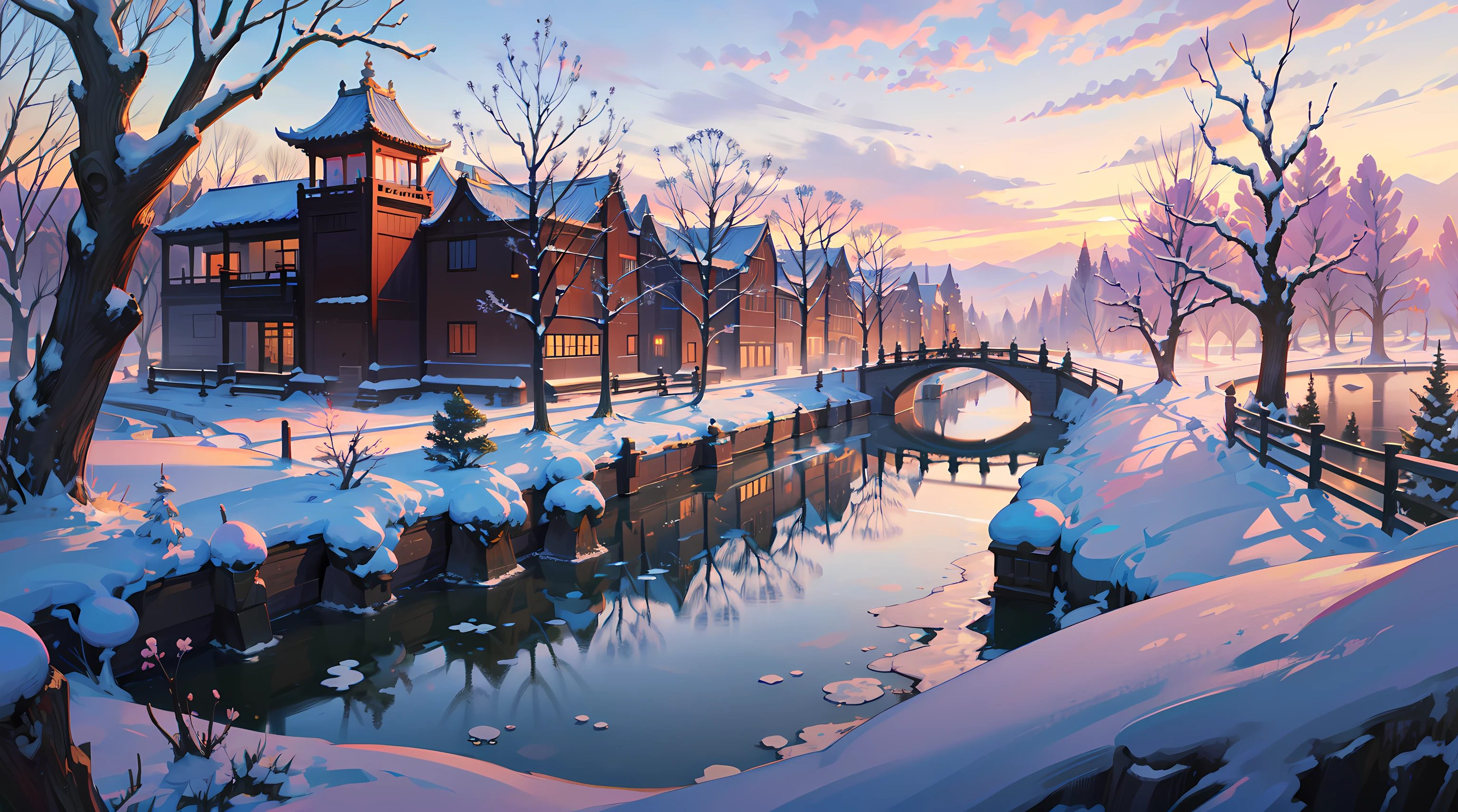 CG unity 8k wallpaper, classical chinese garden, scenery, amsterdam, winter,((snowing)),outdoors, sky, day, landscape, water, tree, blue sky, waterfall, nature, lake, river, cloudy sky, ((masterpiece)), illustration, anime art, 4k, absurdres, best quality, (detailed:1.3), HDR