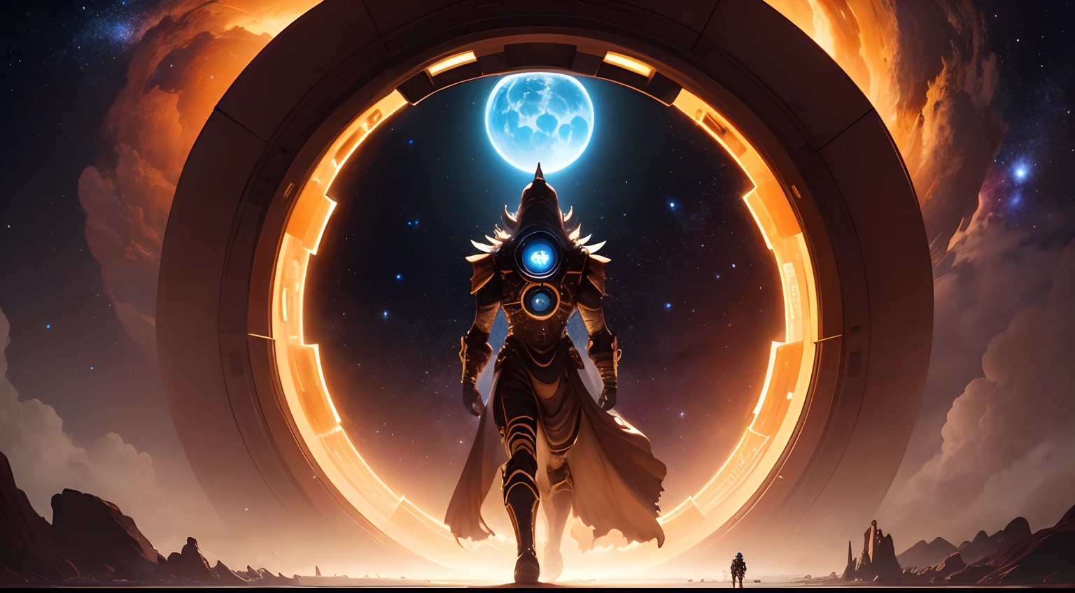 Criador do universo, Colossal-backed humanoid titan walking through the universe towards a portal in space, cosmico,