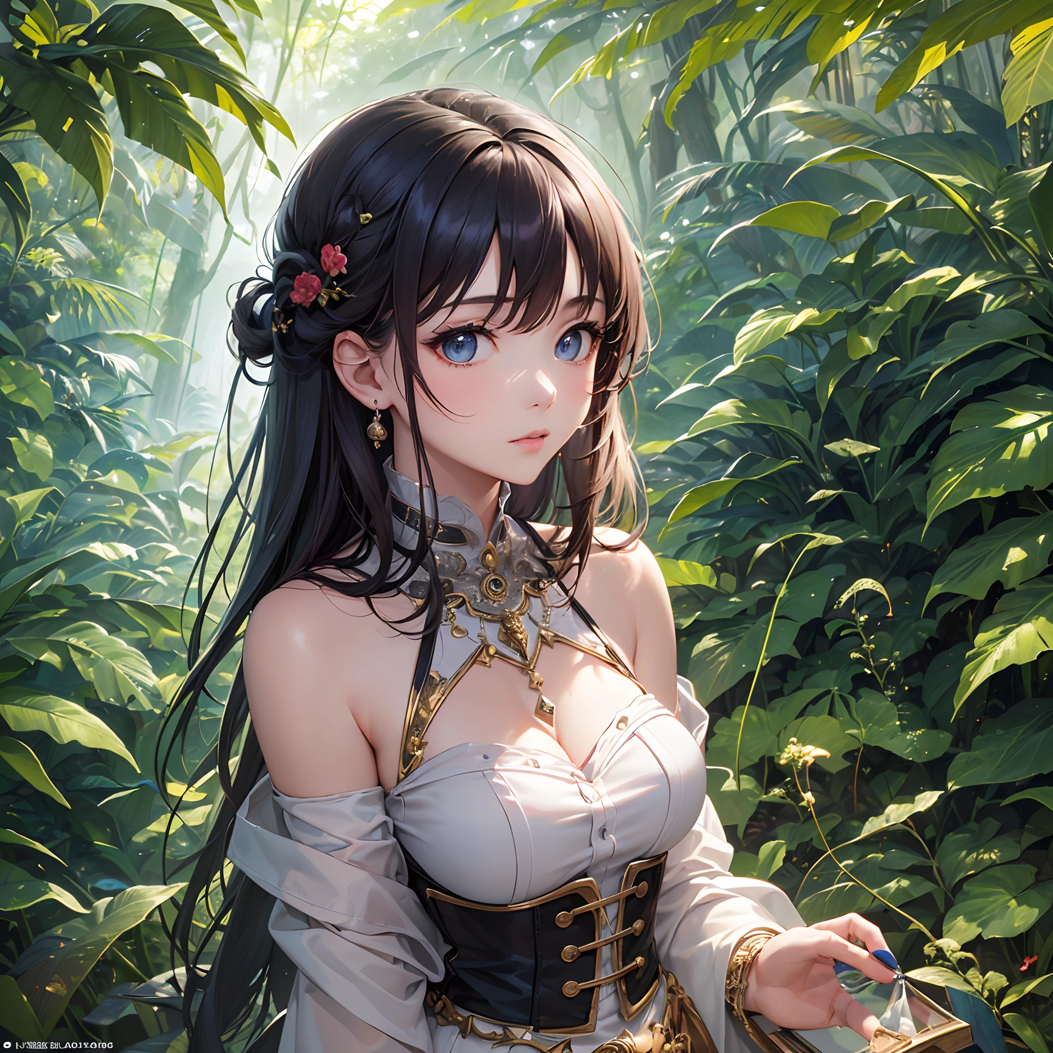 (Finest quality)),(超A high resolution),(ultra-detailliert),(Meticulous portrayal),((best pictures)),(Finest works of art),Ultra-Precision Art,The art of astounding depiction, (1人の女性:1.3),Explorers, Ruins deep in the jungle