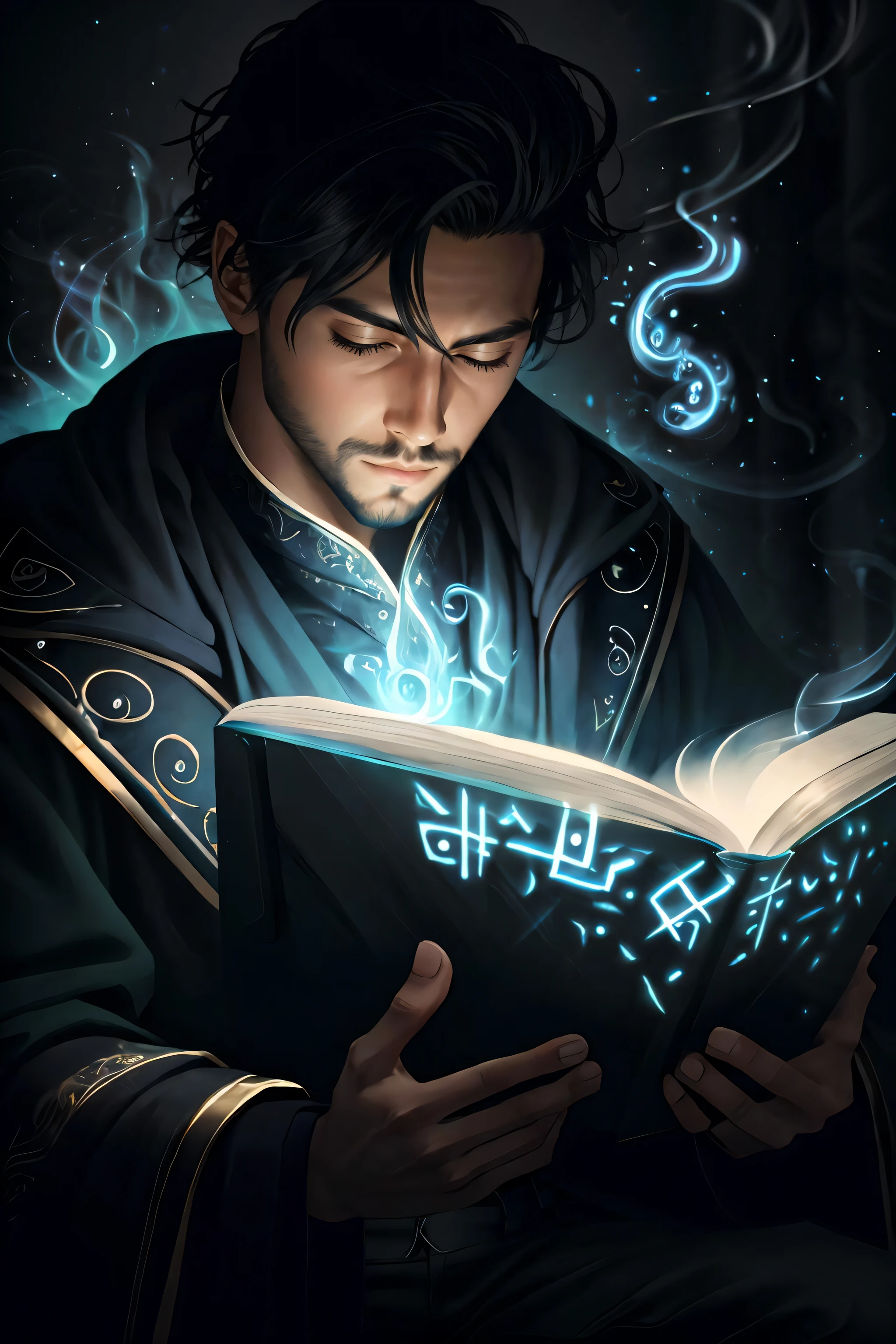 award winning, best quality, (masterpiece:1.2), ultra-detail, 8k, uhd, octane render, fantasy, (style-swirlmagic:0.7), realistic,
modelshoot close-up shot of a young male wizard, slender, wizard costume,
reading a magic book, (glowing blue flame swirling around:1.3), 
looking at viewer, 
cinematic lighting,
by greg rutrowski,