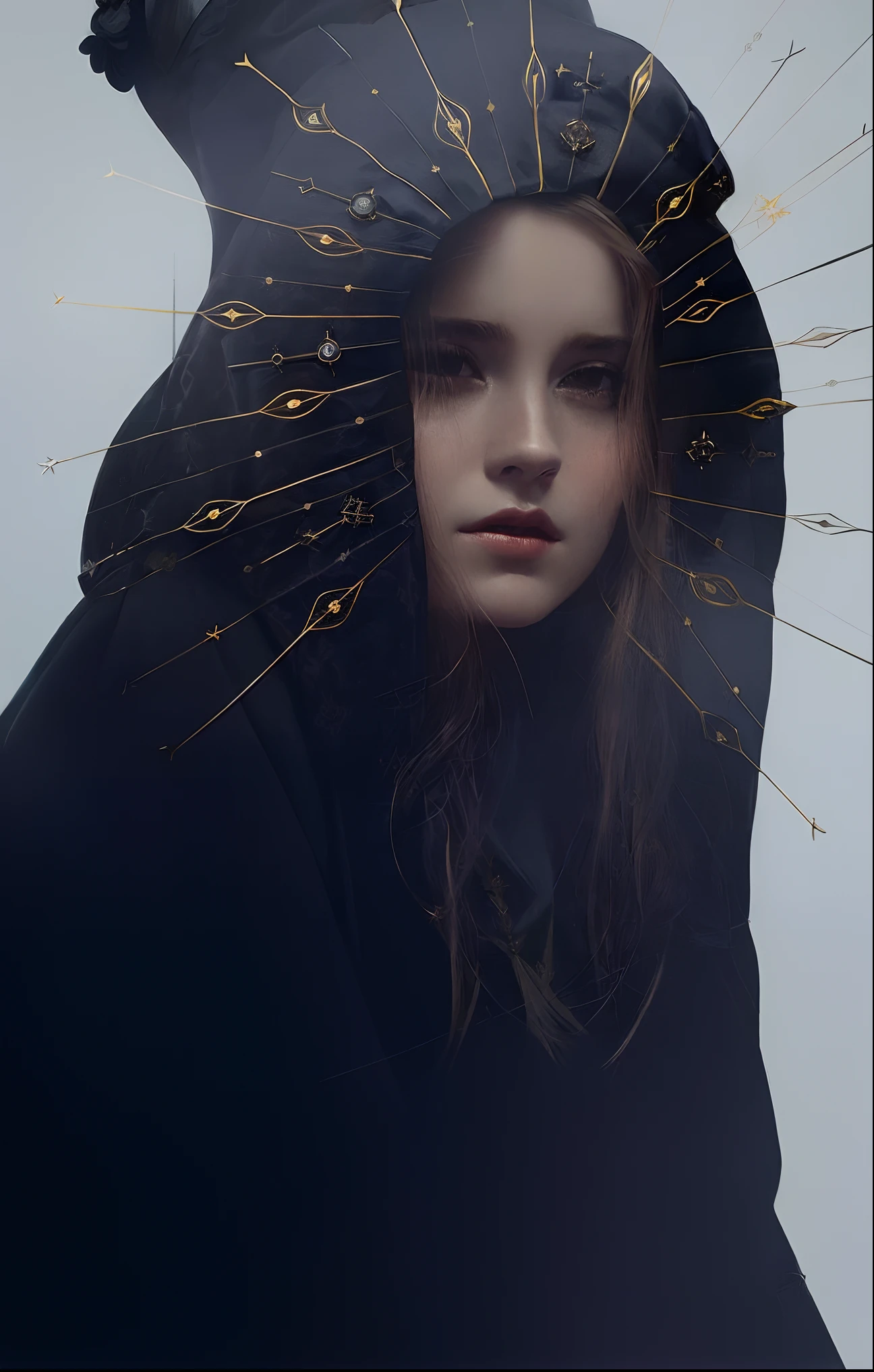 arafed image of a woman with a hood over her head, in dark robes with gold accents, karol bak of emma watson nun, inspired by Hedi Xandt, yuri shwedoff and tom bagshaw, portrait of a dark goddess, dark fantasy portrait, by Andrei Kolkoutine, portrait of a dark witch, orthodox cyberpunk