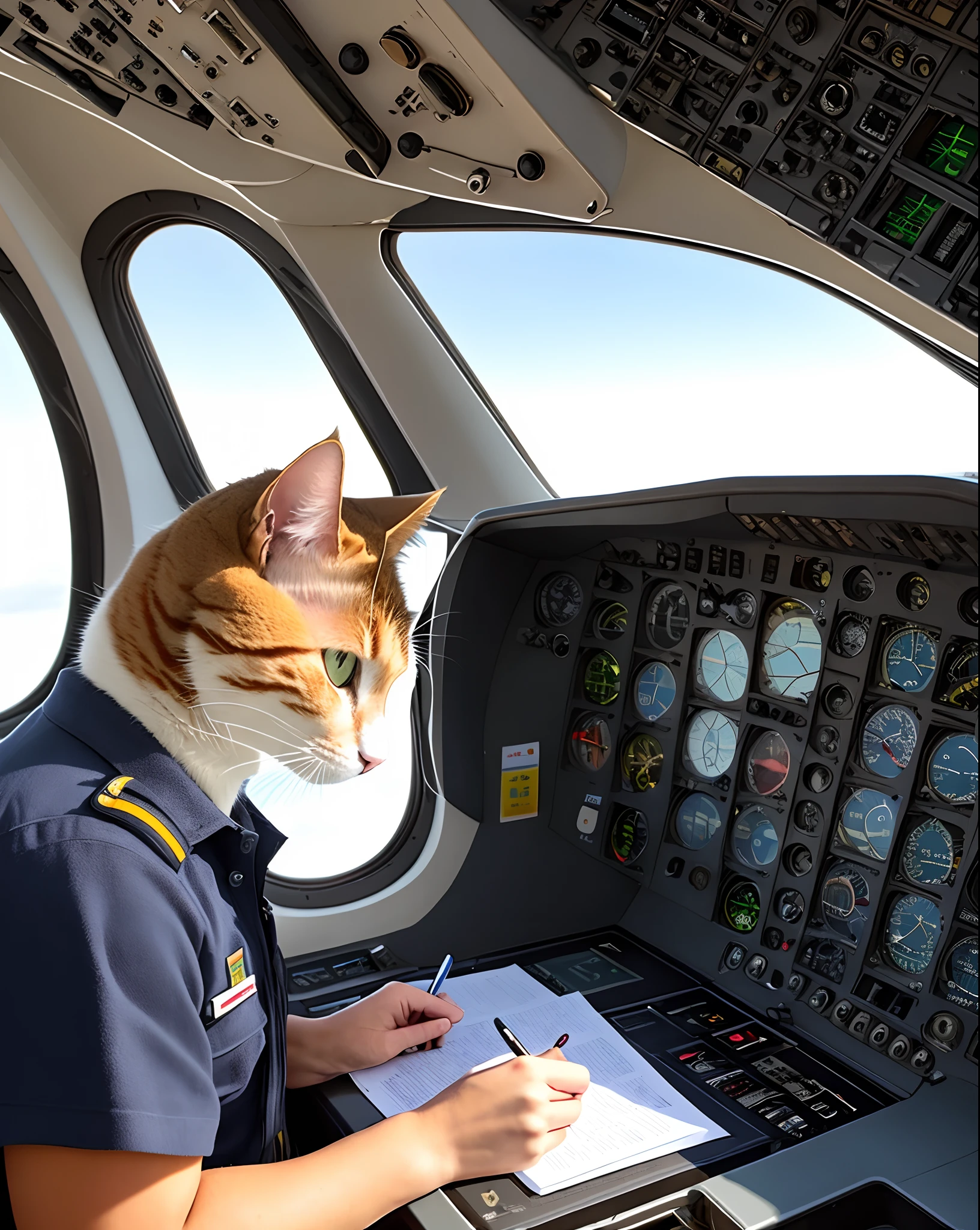 Cat pilot of a civil aircraft doing his homework