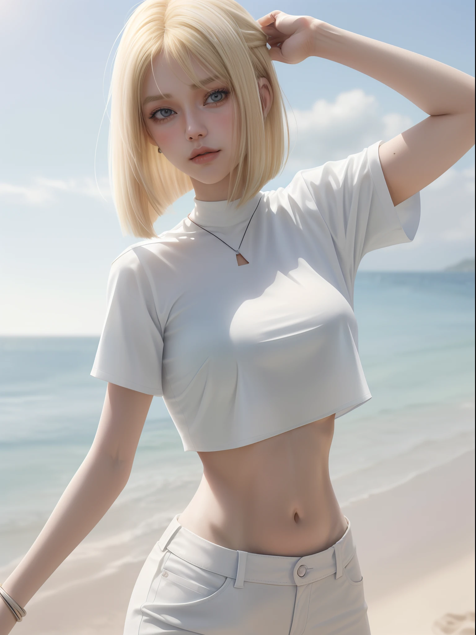 A blonde-haired girl wearing a white crop top shirt, a sexy body, looking at the camera with a close-up shot. She has a blunt long bob straight hair, large breasts, and is on a sunny beach. The image is in 8K ultra-realistic quality.