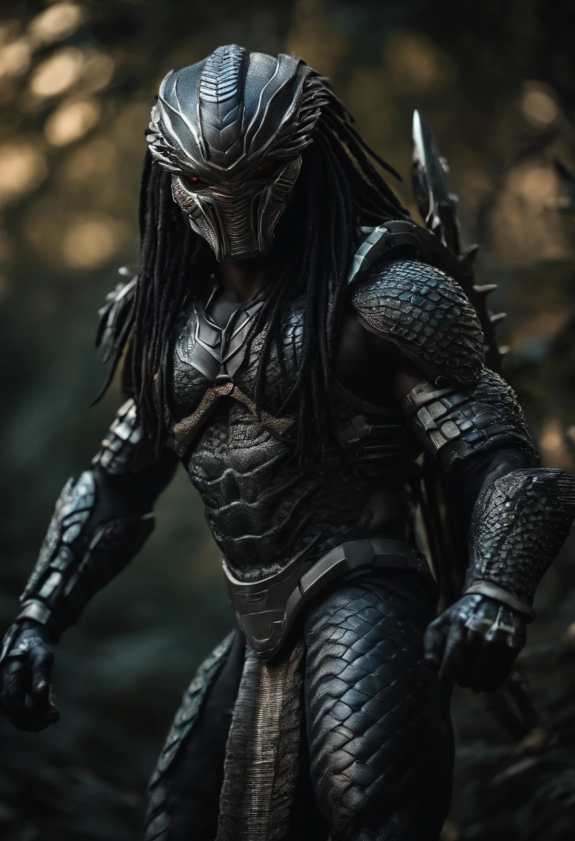 predator，full body photo，gray skin with scales, cyber, Authentic background