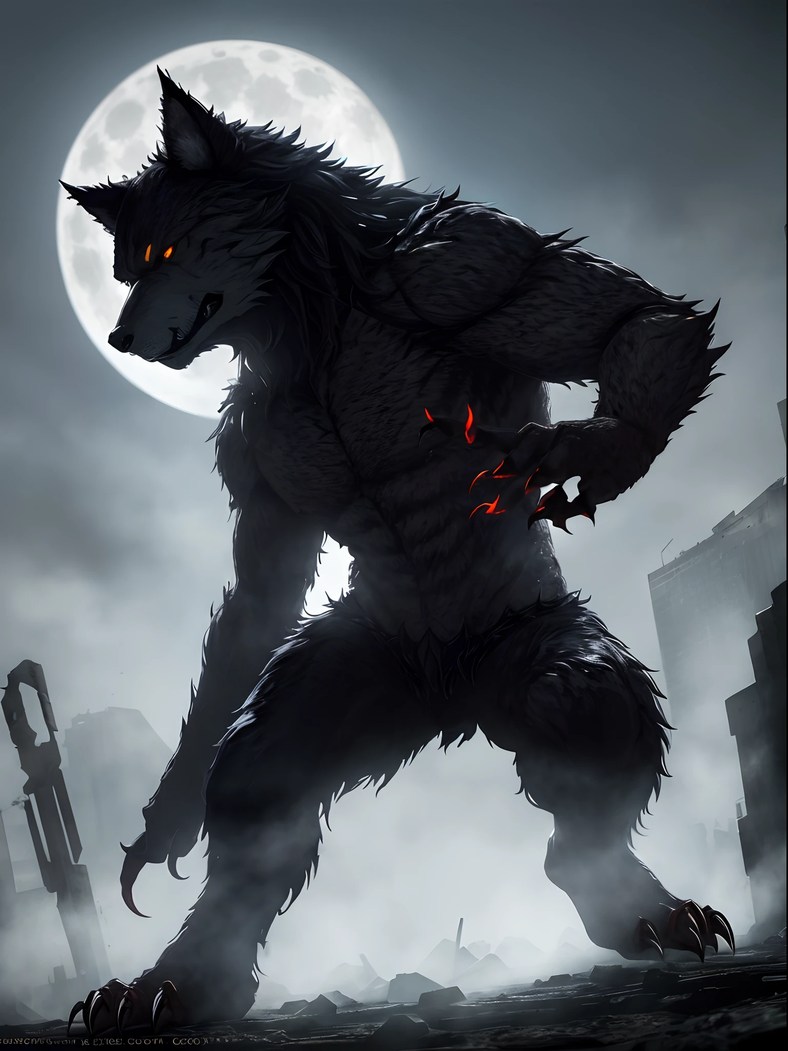 werewolf, full moon, howling, glowing eyes, long claws, tear clothing, burning city,action pose, dynamic pose, dynamic angle, background battlefield, a full-length photo, Lighting, Backlight, Natural Lighting, Moody Lighting, Cinematic Lighting, Studio Lighting, Soft Lighting, super detailed, insanely detailed and intricate,