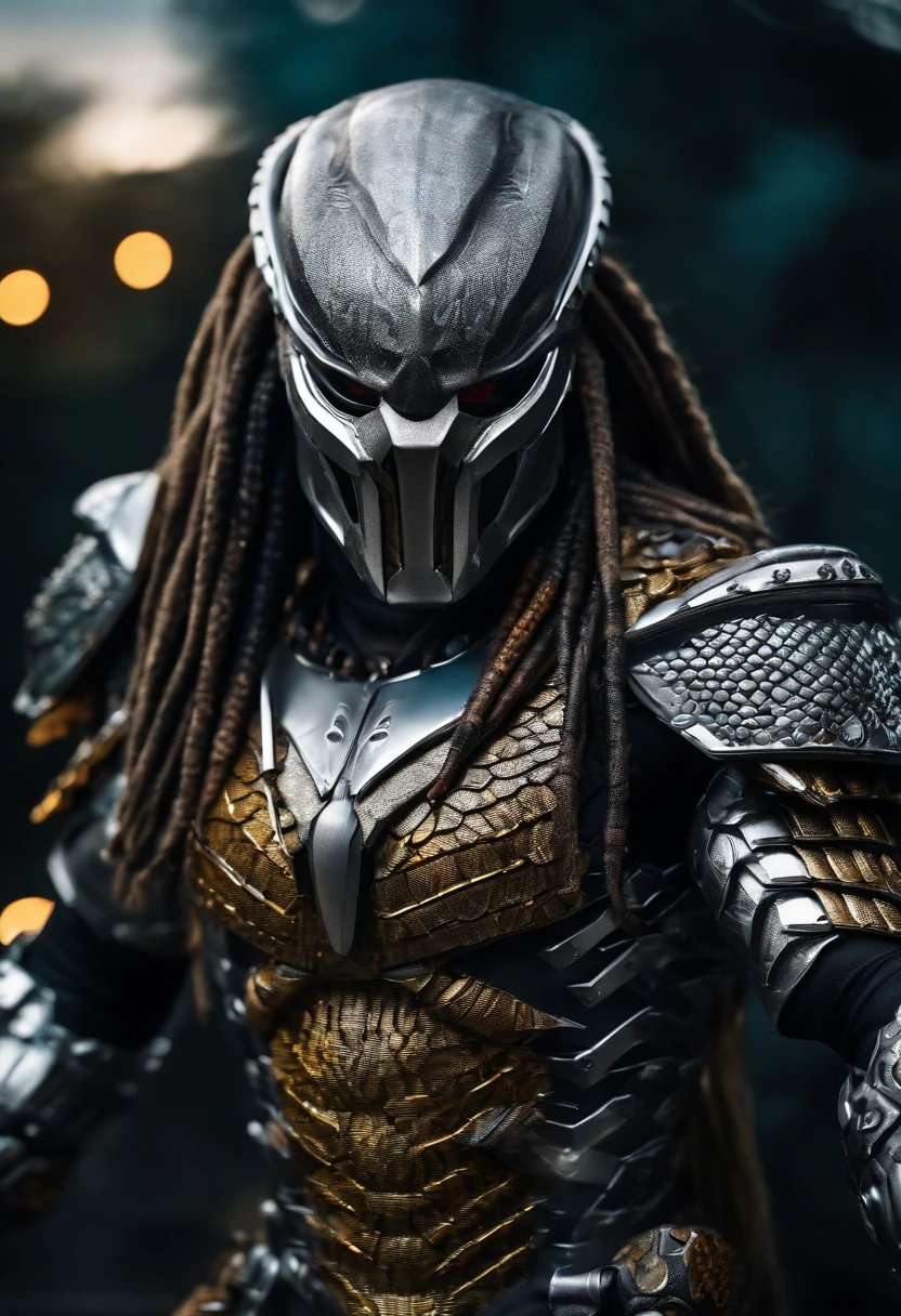 Dark fantasy demonic predator,Predator,Wearing a mask,View your viewers,photograph,超detailed,detailed,8k best quality,Realistic,8k,Fine details,