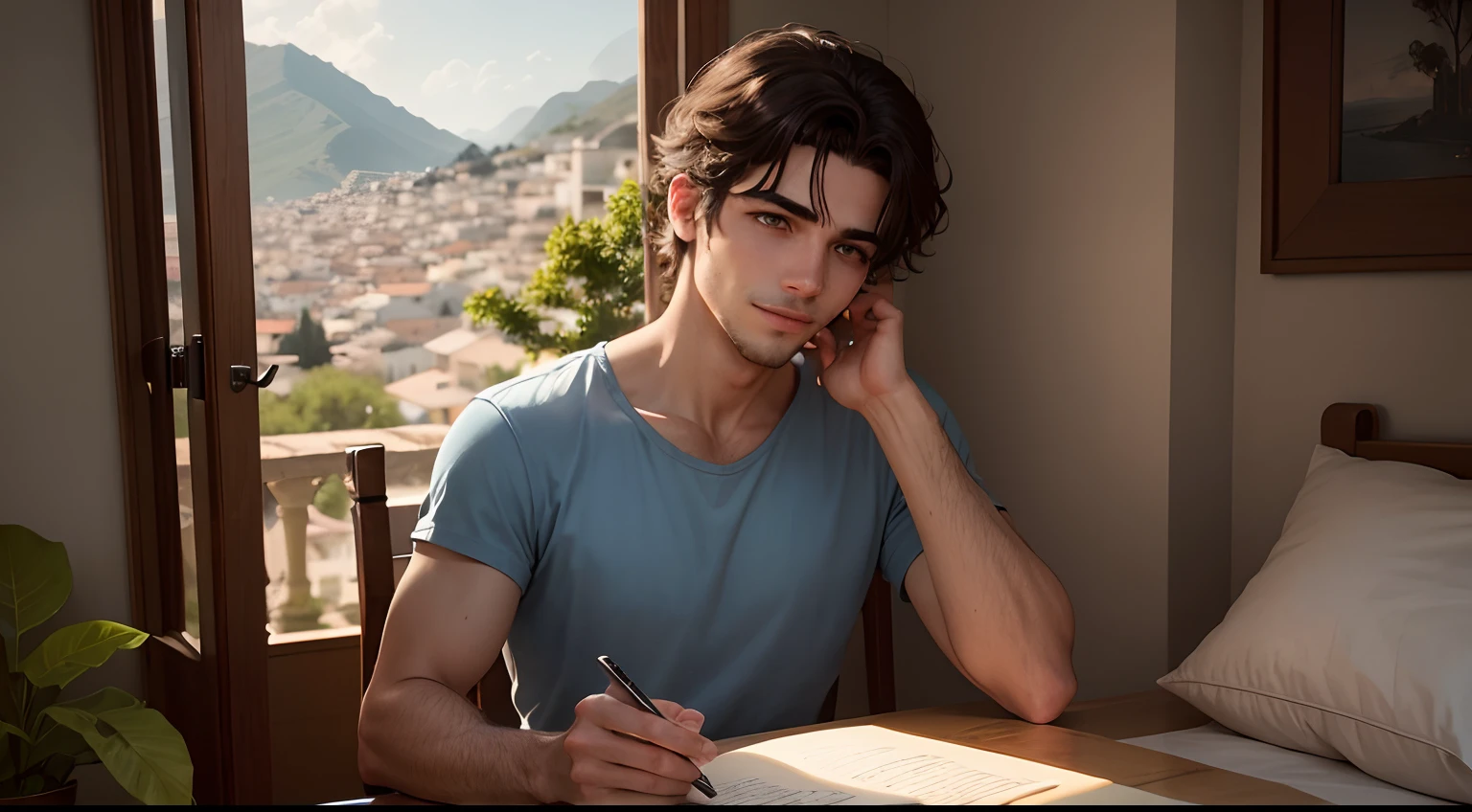 Desenhe uma cena que capture a FELICIDADE de Nikos (homem jovem grego) enquanto ele observa seu vila em uma linda primavera. His expression of contempt and happiness reflects the emotional charge of years of personal apprehension and velveting. Convey the feeling that Nikos is at the epicenter of his emotional and emotional overcoming, with a sense of hope that can be glimpsed in the nuances of the scene.